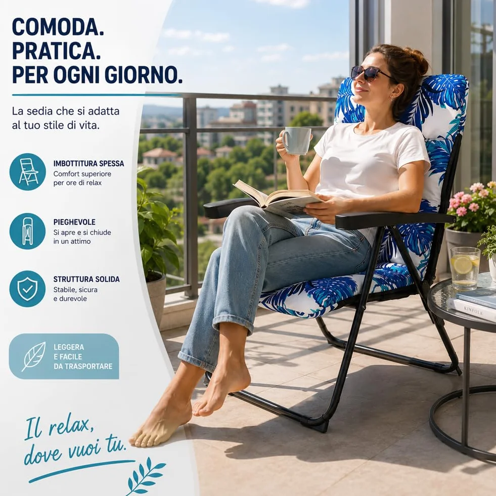 BAKAJI Sedia Sdraio Relax con Cuscino e Imbottitura ad Altissima Densità, Struttura Pieghevole Salvaspazio, Design Floreale, Braccioli Ergonomici, Ideale per Interno ed Esterno, 68 x 58 x 45 x 108 cm