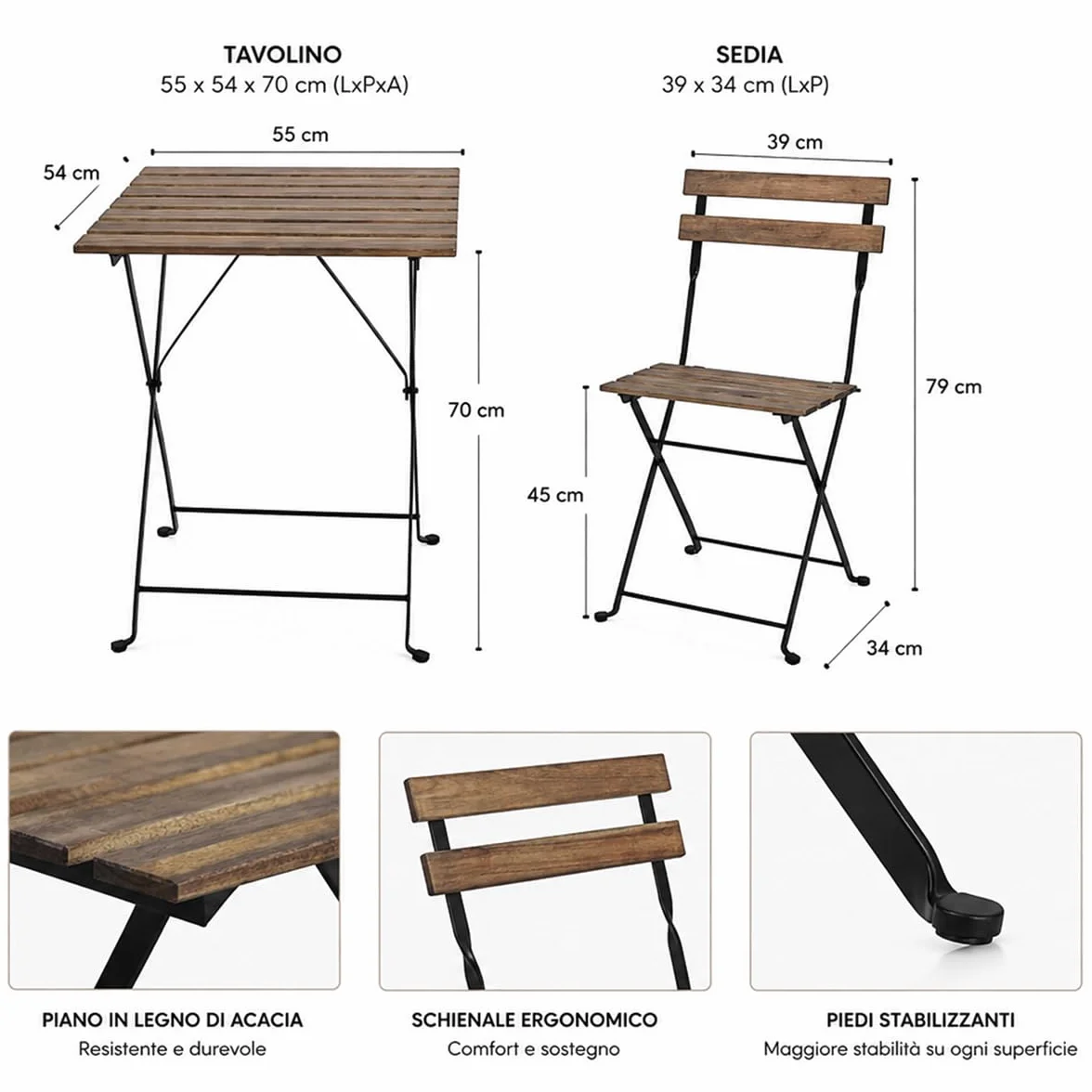 Brigros Set Bistro Tavolino + 2 Sedie Acacia Marrone