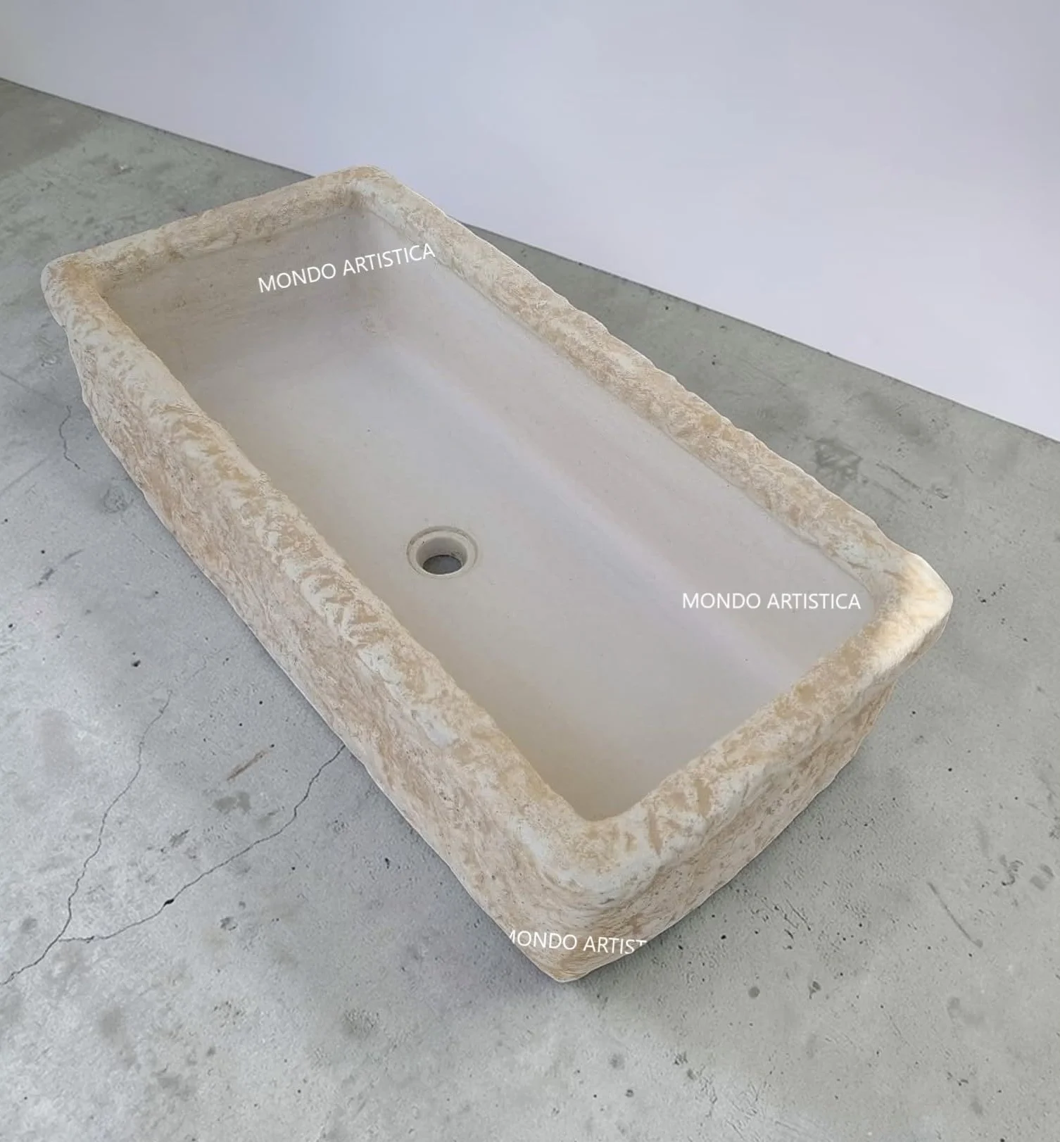 Lavandino, Lavabo, Pilozzo, Vasca Unica, Fontana Da Esterno, Per Giardino Altezza 22 cm, Larghezza 80x40 Cm, In Cemento Bianco E Polvere Di Marmo, Colore Sfumato Beige