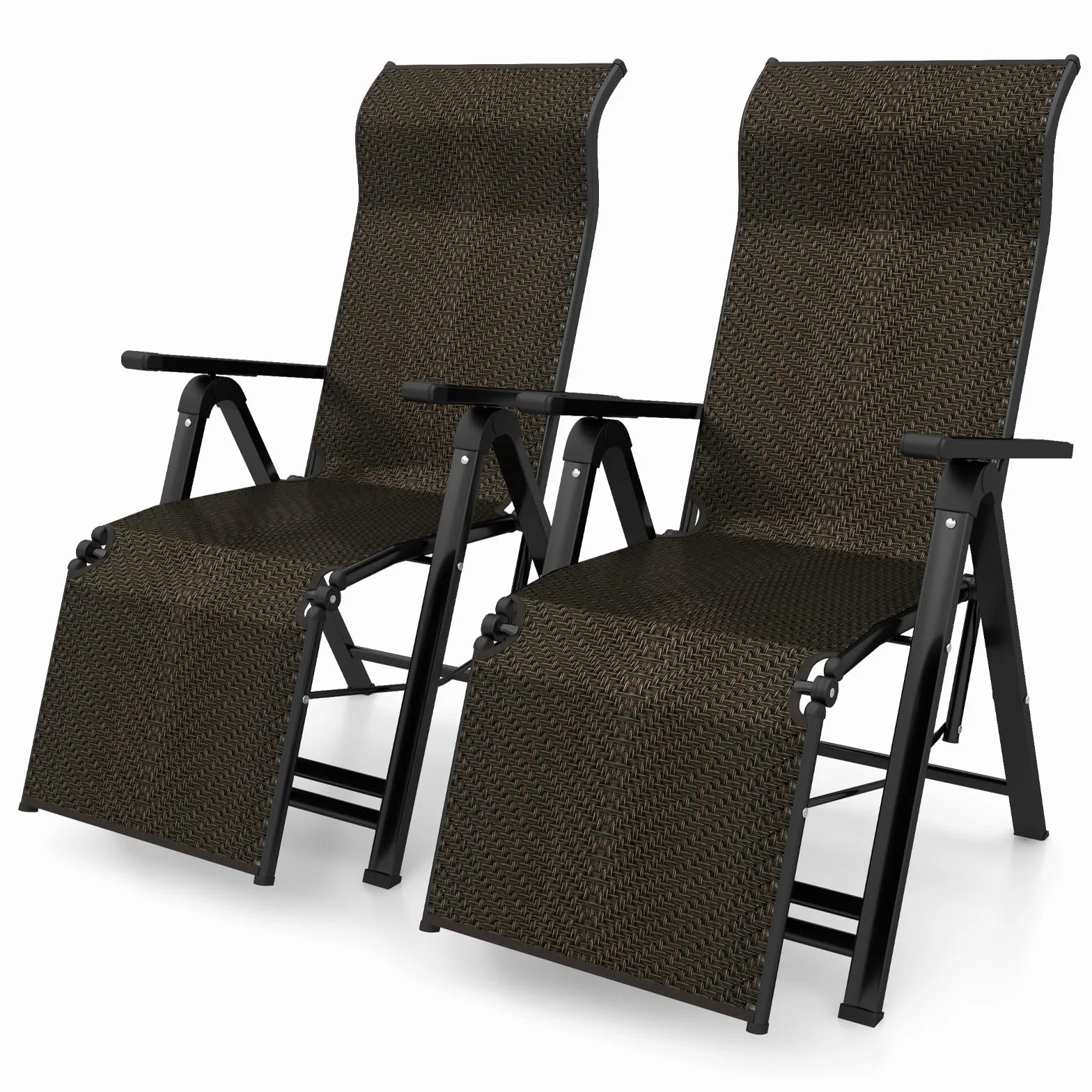 COSTWAY Sdraio da Giardino Pieghevoli in Rattan e Acciaio, Schienale Regolabile 10 Posizioni, Portata 113 kg, 2 Pezzi