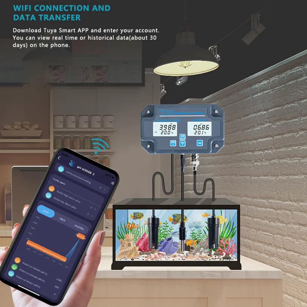 Tester digitale di qualità dell'acqua, montaggio a parete, analizzatore dell'acqua 6 in 1, PH/EC/TDS/SALT/S.G./temperatura, monitoraggio remoto APP, notifica di allarme per acqua potabile,