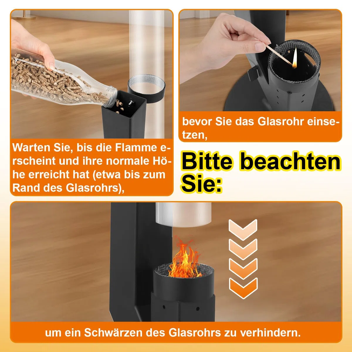 Bruciatore a pellet in acciaio nero 100 cm con vetro borosilicato, valvola combustibile regolabile