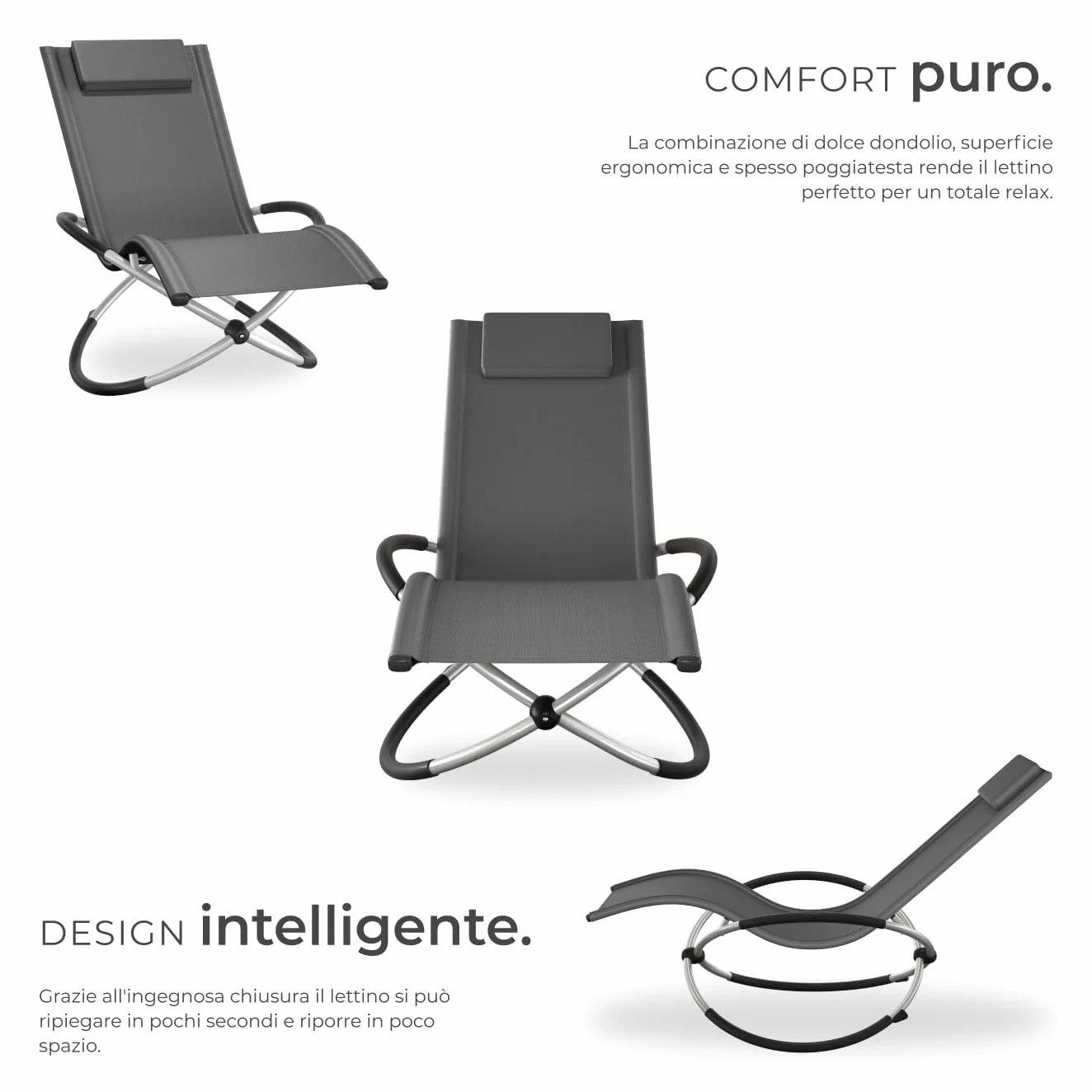Lettino Giardino Ergonomico Pieghevole Con Cuscino Portata 150kg Anti-Ribaltamento Grigio