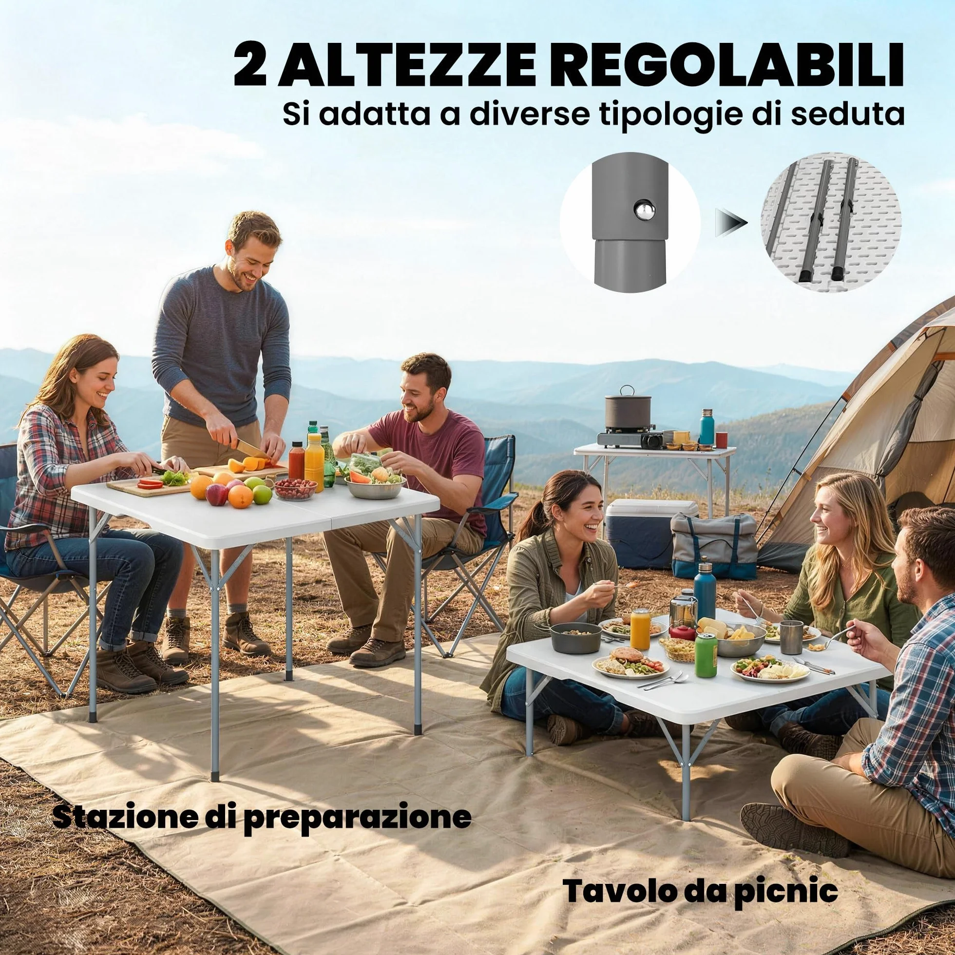 Outsunny Tavolo da Campeggio Pieghevole Quadrato 86x86x74 cm Bianco
