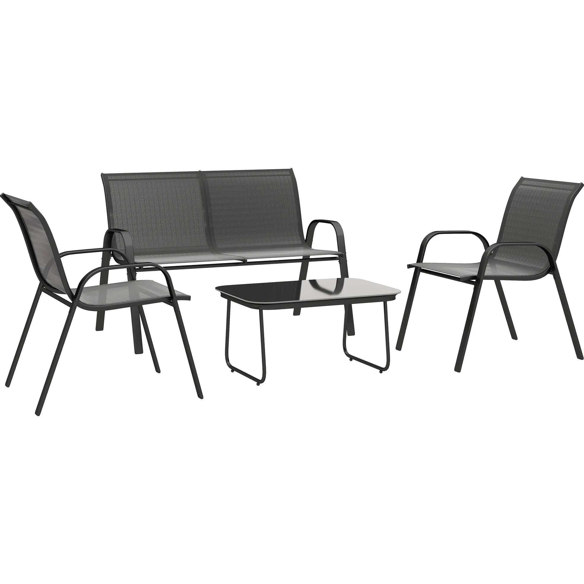Outsunny Set Salotto da Giardino 4 Pezzi, Divanetto 2 Posti, 2 Sedie Impilabili, Tavolo Caffè Vetro, Acciaio, Texteline Nero