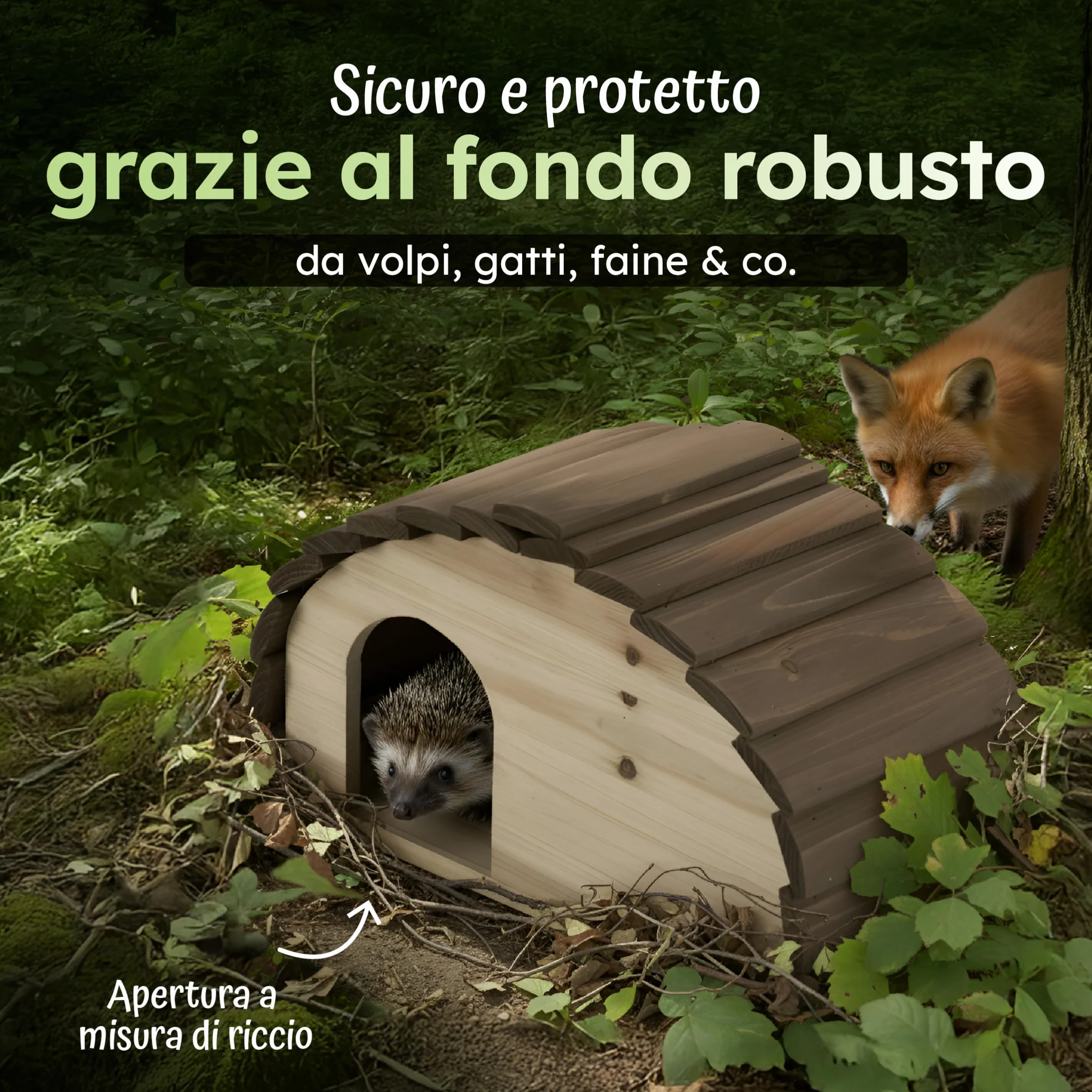 Moorland Casetta per ricci – Rifugio invernale 35×21 cm con base fissa, ingresso ventilato a labirinto e tetto fisso, in legno FSC, resistente alle intemperie per giardino