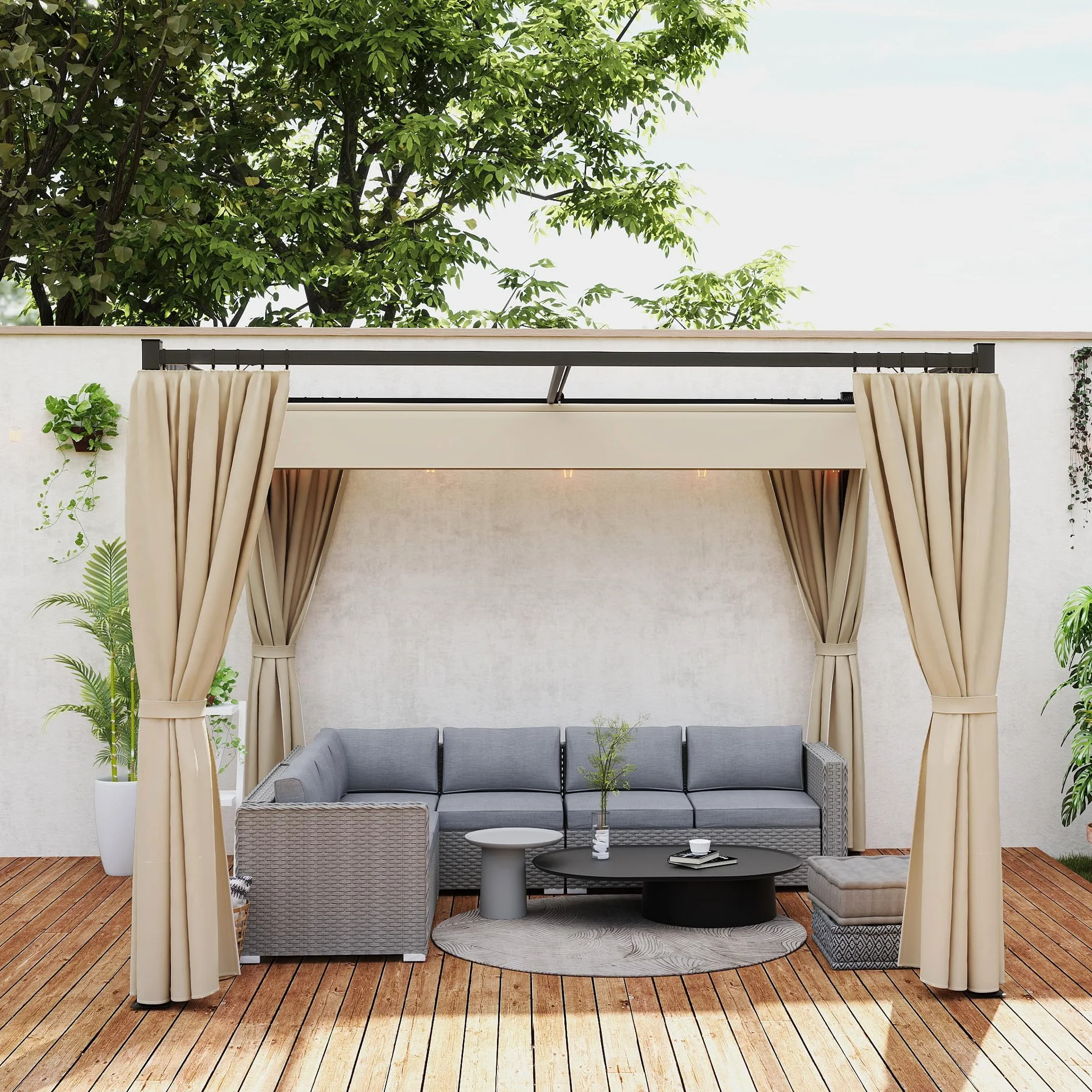 Outsunny Gazebo Pergola 3x3 m con Pareti Laterali e Tetto Retrattile, Metallo e Poliestere 180g/㎡, Beige