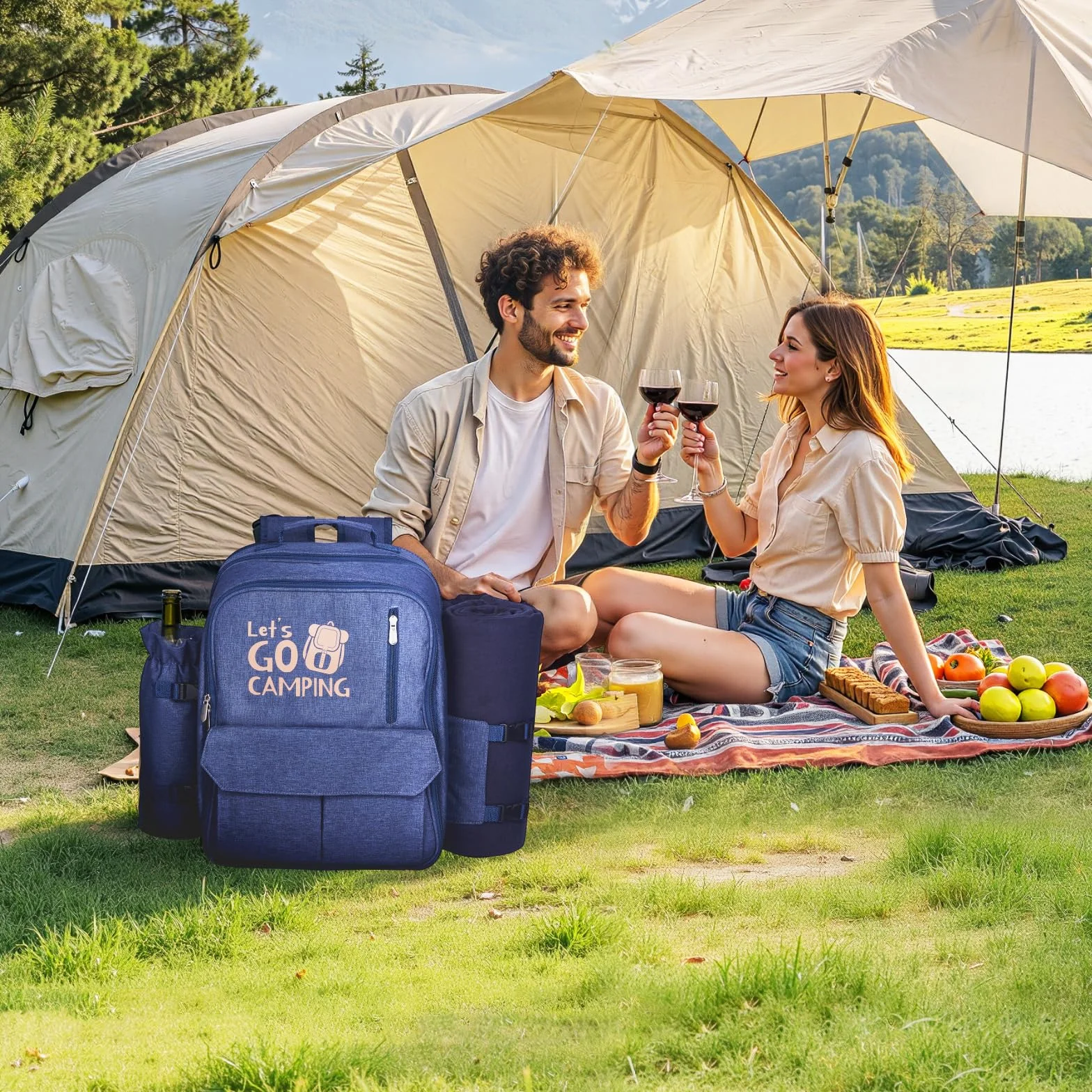 VEVOR Zaino da Picnic per 4 Persone, Capacità di 20 L Borsa da Picnic da Spiaggia con Portabottiglie Vino Staccabile, Coperta Leggera, Piatti e Sei di Posate per Esterni, Blu Marino