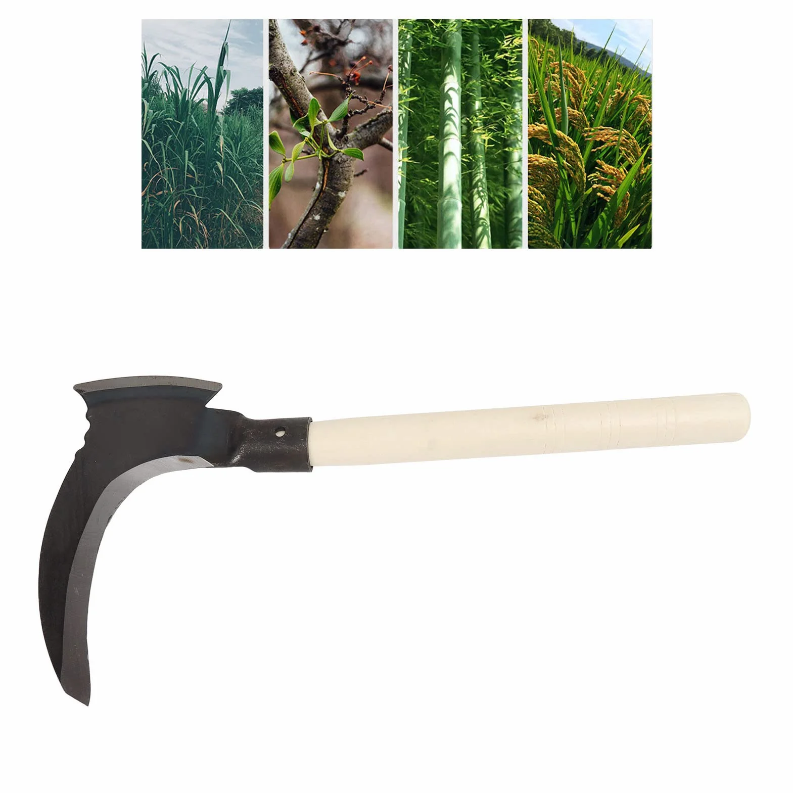 HEEPDD Falce per in Acciaio al Manganese Alto, Doppia Falce Falce per Pulizia Falce per da Giardinaggio Multiuso (Testa di Taglio Singola, Bastone di Legno)
