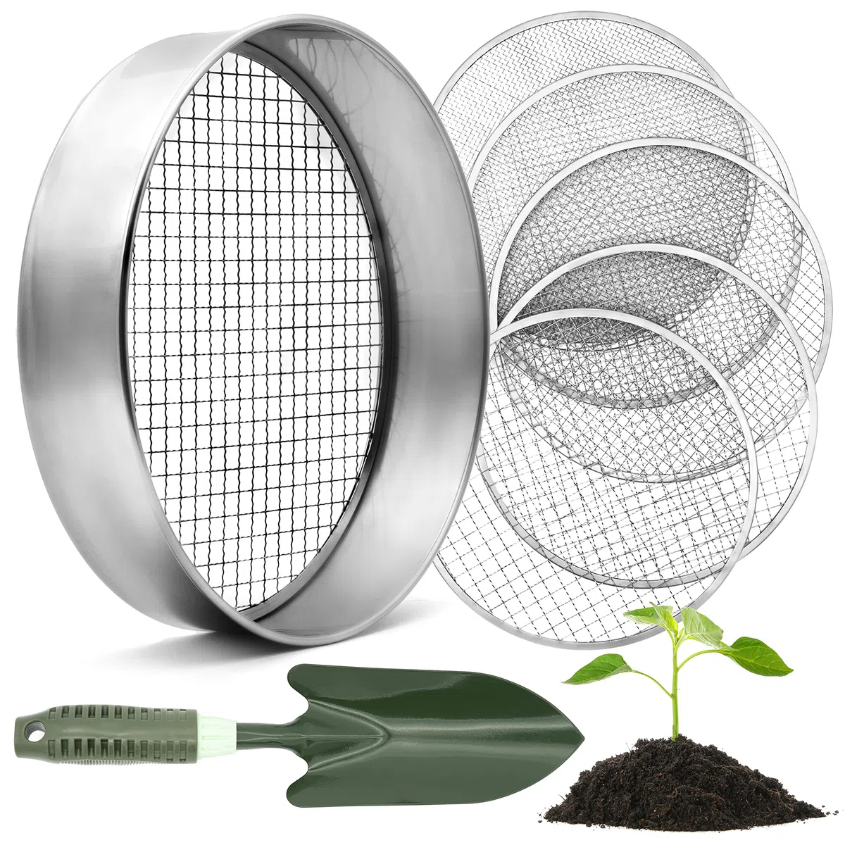 Setaccio da giardino rotondo 30 cm acciaio inox 5 inserti intercambiabili paletta inclusa