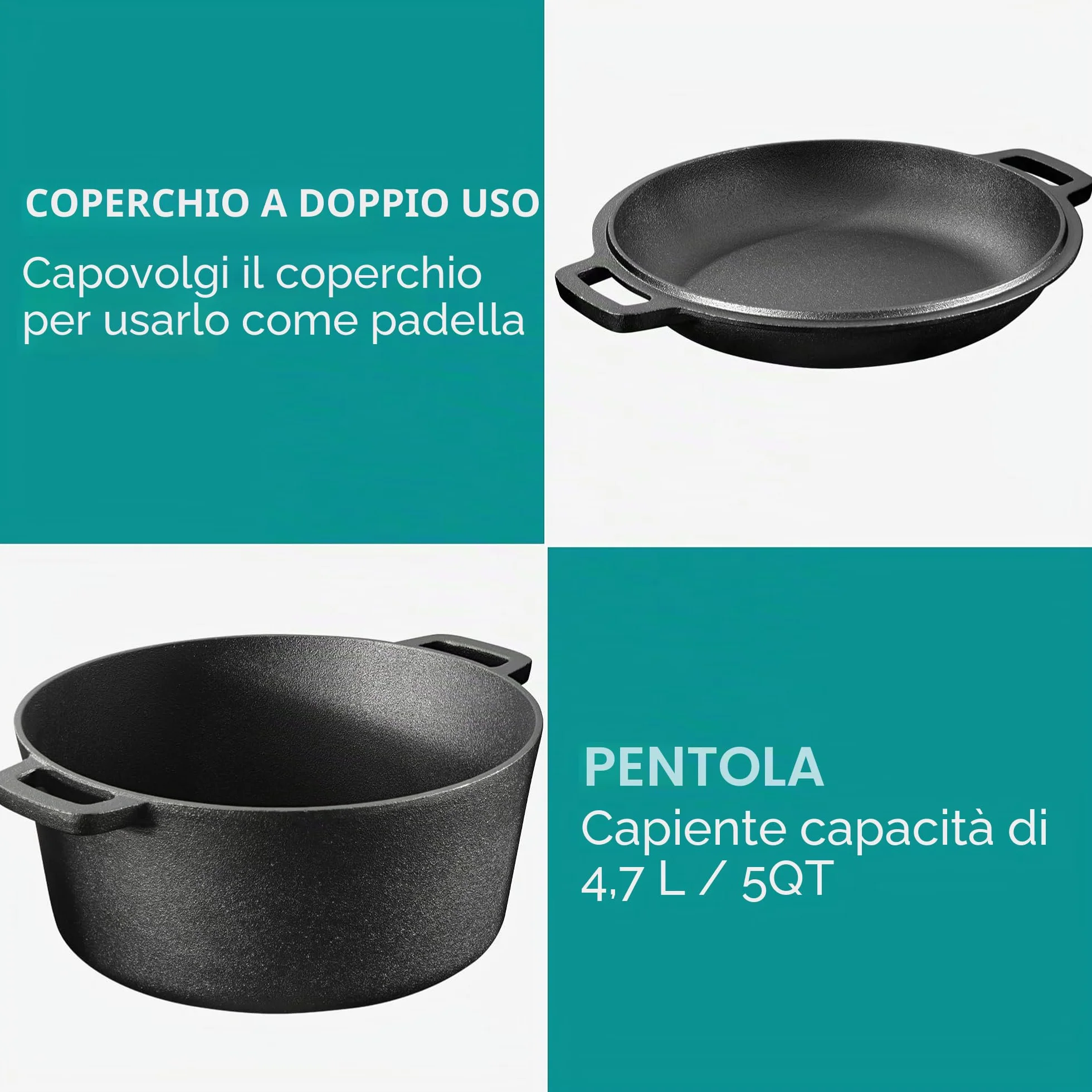 Navaris Pentola in Ghisa da Forno con Coperchio - Pentole e Padelle per Cuocere il Pane - Forno Olandese 4,7 l Ø 26 cm - Casseruola 2 Manici 2-in-1 - per Ogni Piano Cottura - Nero