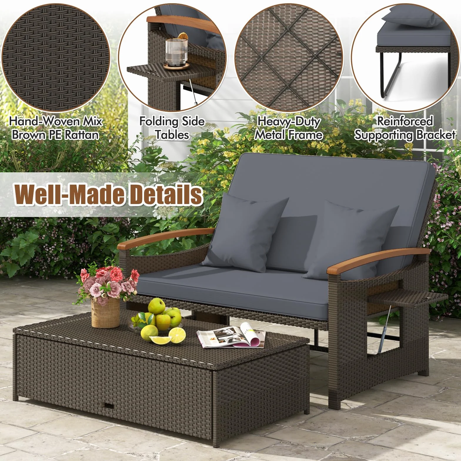 GIANTEX Divano da Giardino in Rattan a 2 Posti con Funzione Allungata, Set di Mobili in Rattan con Sgabello, Doppia Sedia a Sdraio per 2 Persone, 3 Colori (Cuscino Grigio)