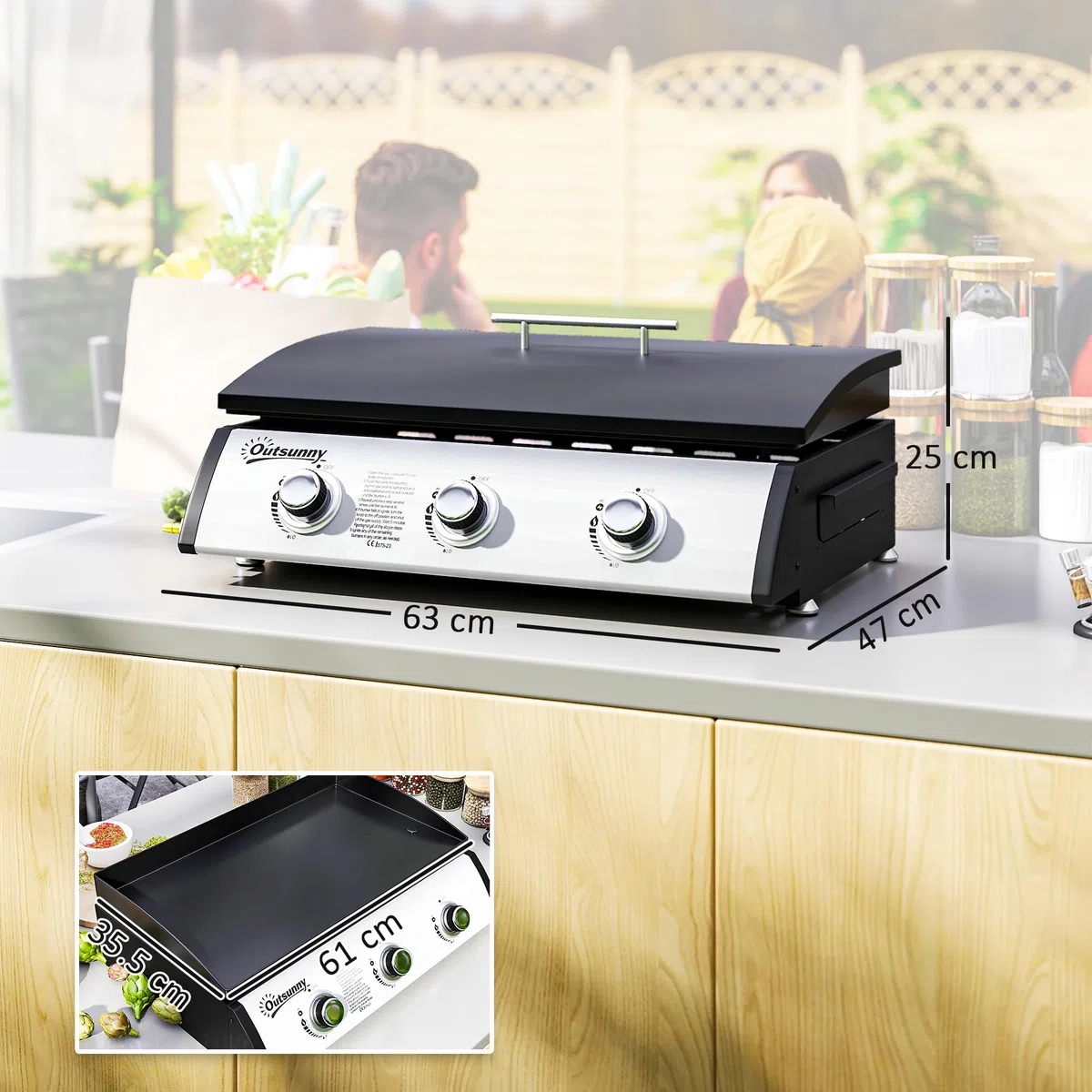 Outsunny Barbecue a Gas 3 Bruciatori 7.5kW Griglia Portatile 61x35.5cm Nero