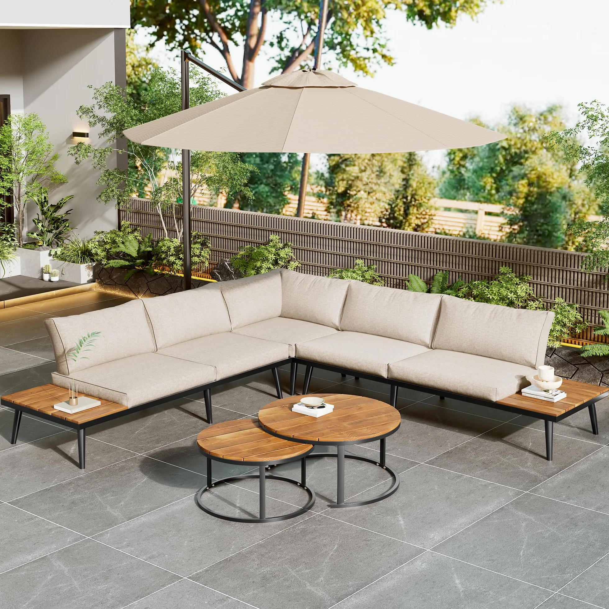 Lubvtti Set giardino esterno per 5-6 persone,divano da esterno,esterno tavolo da giardino con sedie (2x divano a 2 posti, 2x poltrona singola, 2x tavolo),mobili da giardino,beige