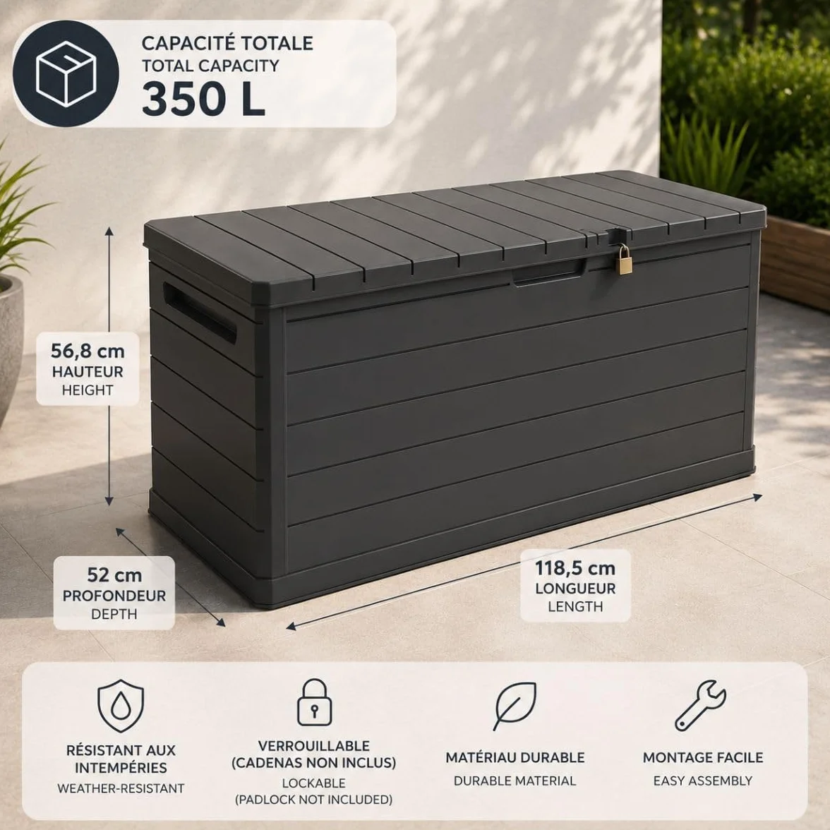 Art Plast - Baule di Stoccaggio Esterno 350L - Baule da Giardino Grigio 118,5x52x57cm - Maniglie di Trasporto - Resistente all'Acqua