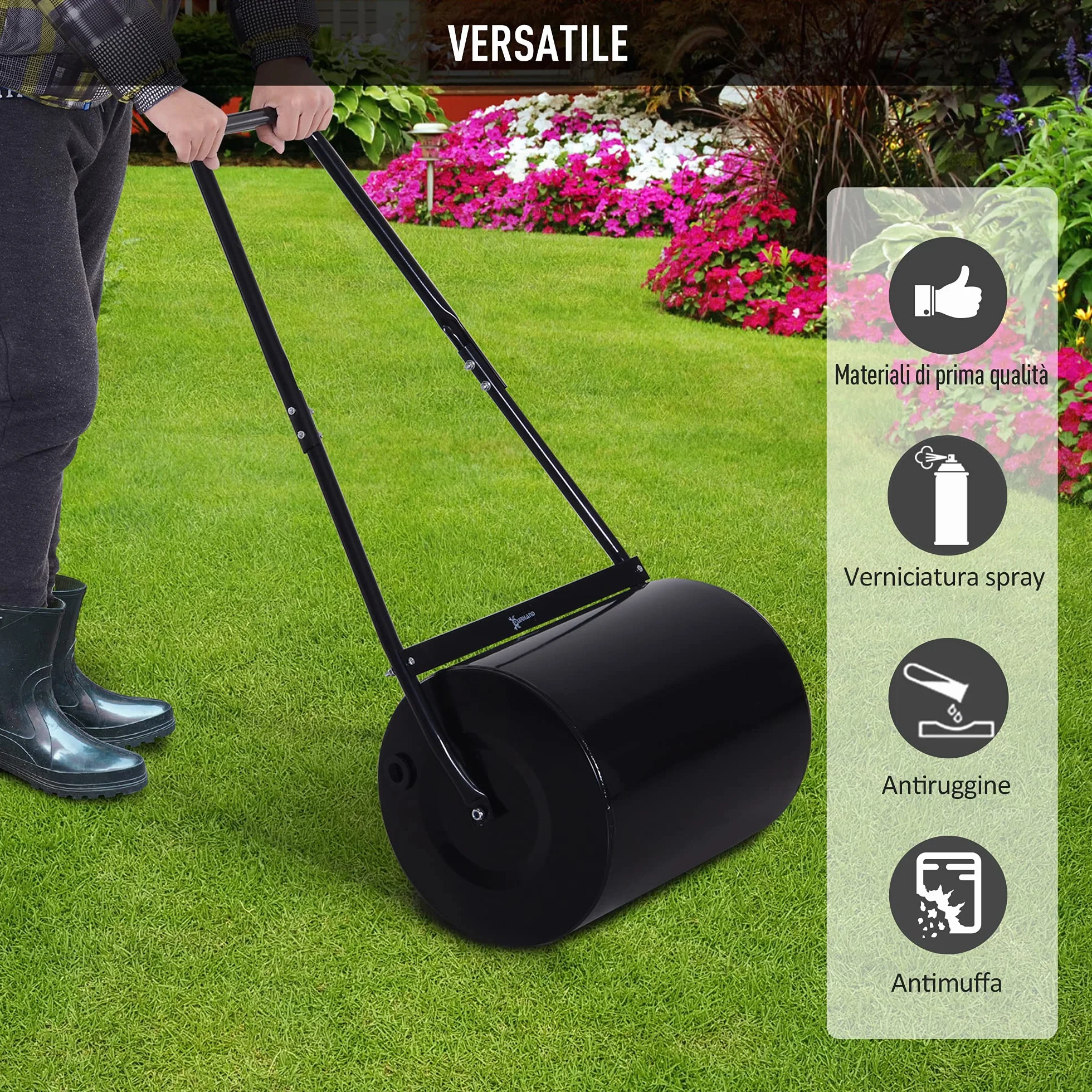 Outsunny Rullo da Giardino in Metallo Impermeabile Nero, Serbatoio Fino 60 Litri (Acqua o Sabbia), 57x40x123cm