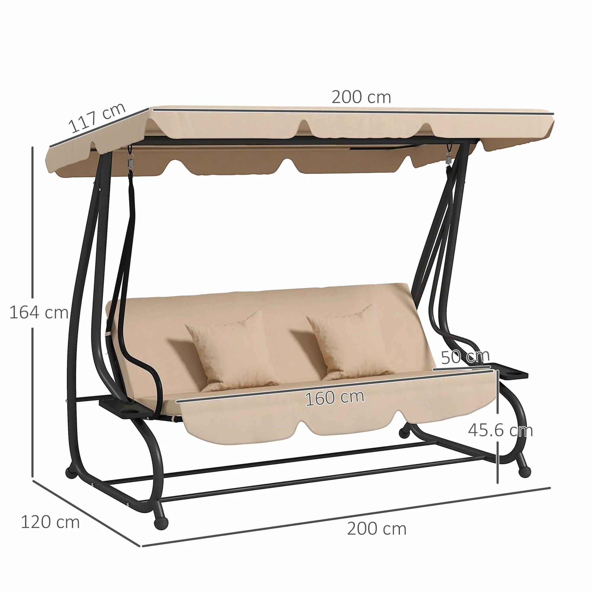 Outsunny Dondolo da Giardino 3 Posti Convertibile in Letto con Tetto Regolabile e Portabicchieri, Dondolo da Esterno in Acciaio e Poliestere, 200x120x164 cm, Marrone Chiaro