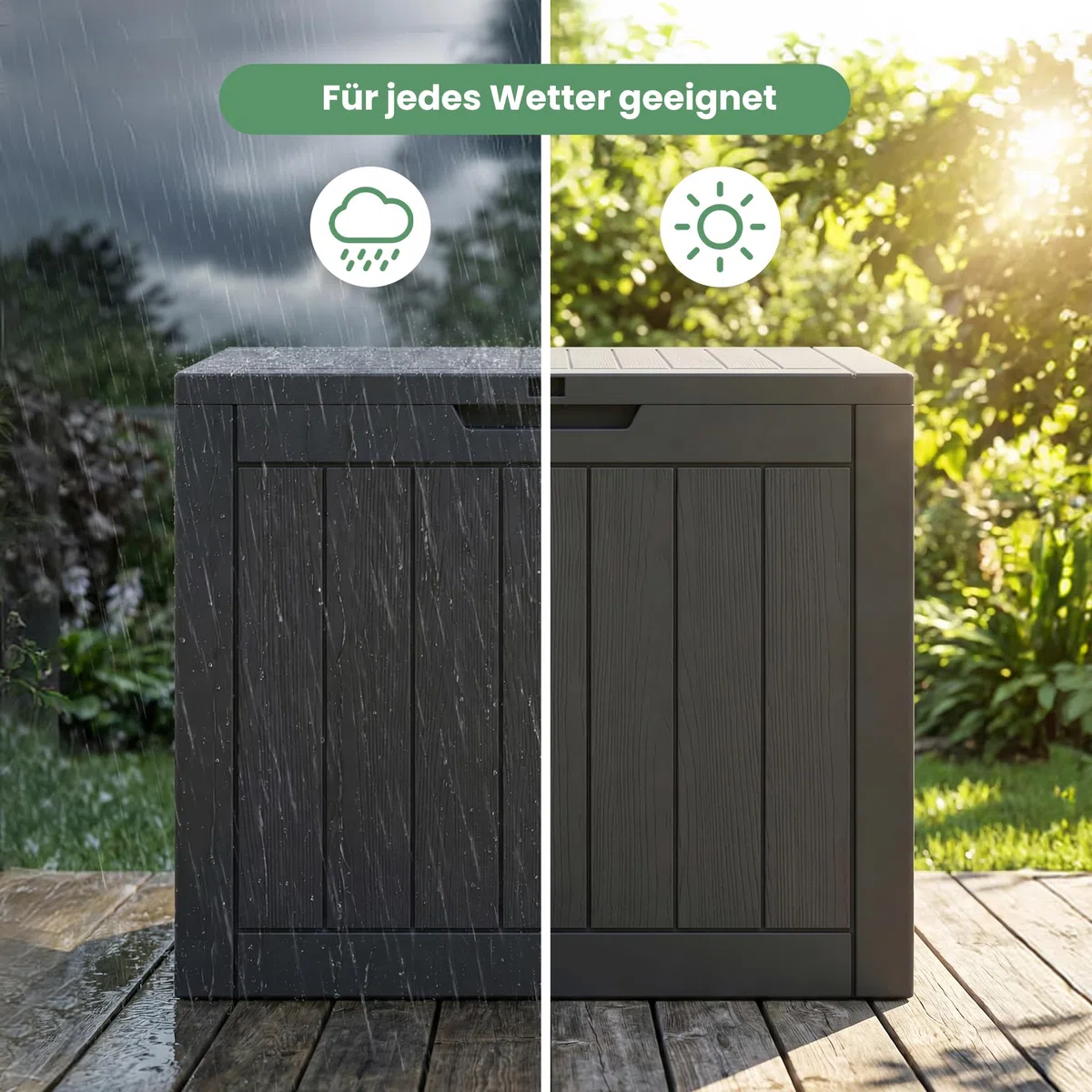 AKORD Baule da Giardino Impermeabile 117L - Cassapanca Esterna in Polipropilene Effetto Legno - Scatola Contenitore per Balcone e Terrazza, 56x53,2x43,1 cm, Nero