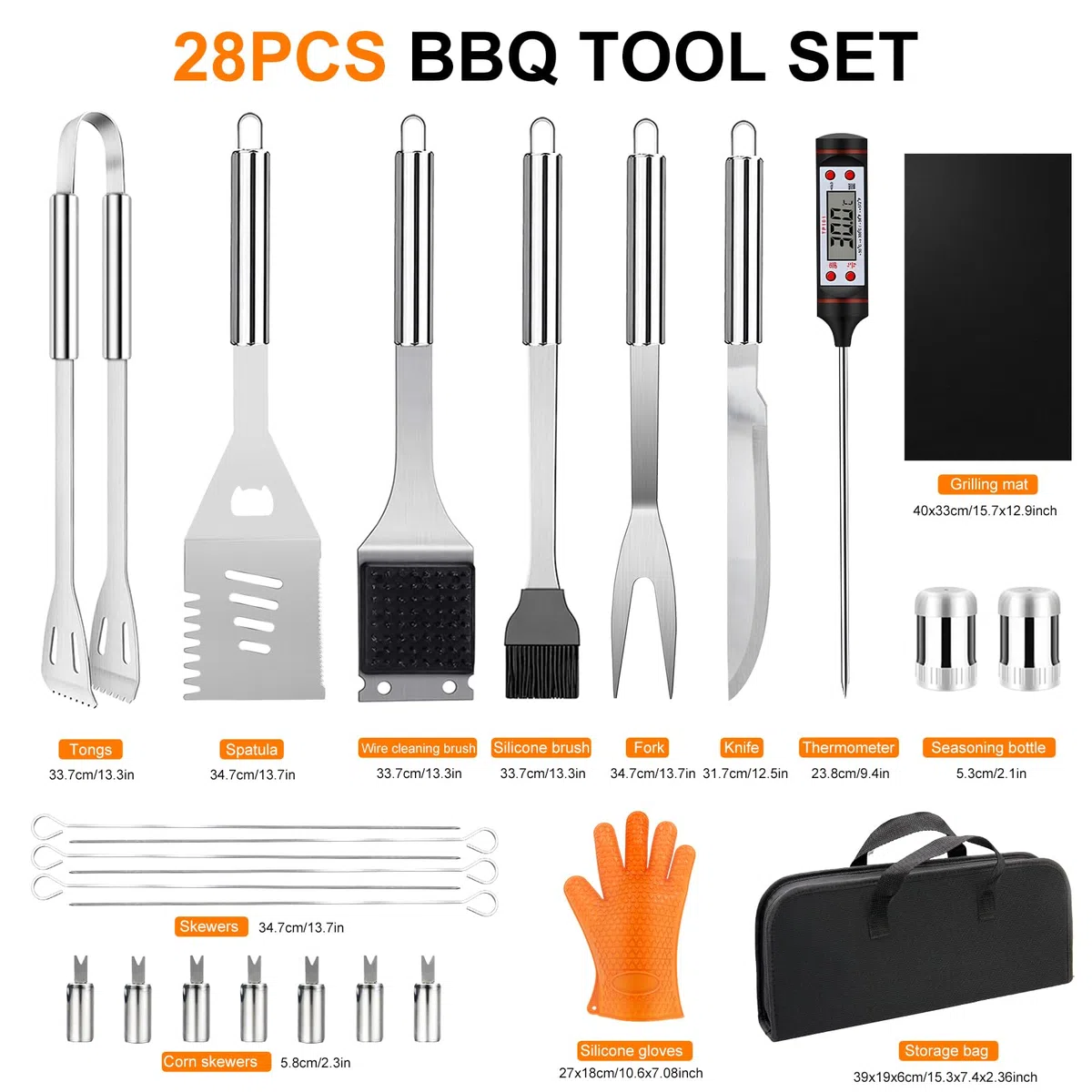 Set Barbecue 28 Pezzi Accessori in Acciaio Inox con Borsa e Guanti