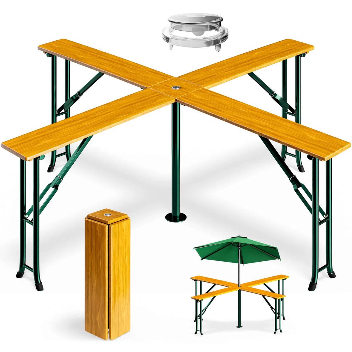 Deuba Tavolo Quattro XXL Alto Set Birreria 20 Persone con Supporto Ombrellone Pieghevole Legno Fiere