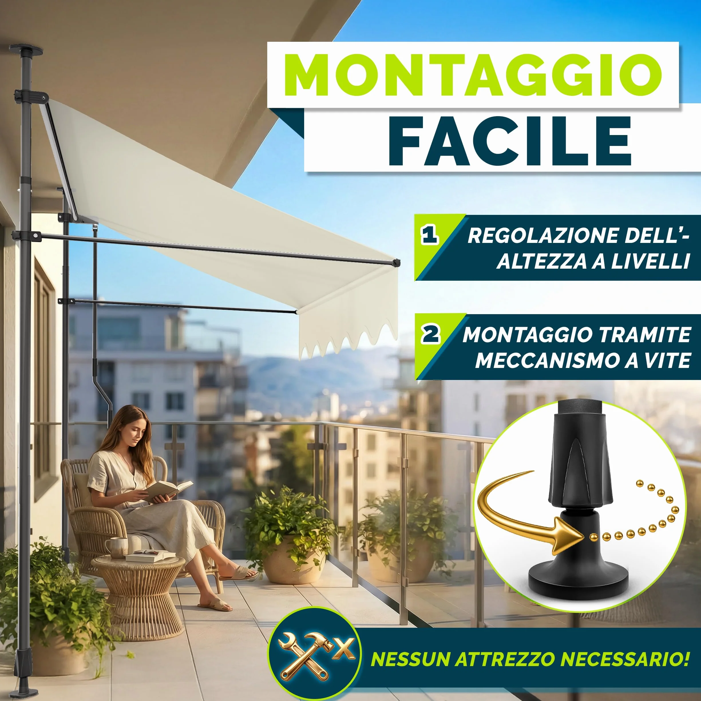 Tillvex Tenda da Sole a Bracci con Manovella 150cm Sabbia Protezione Balcone Regolabile Senza Forare UV