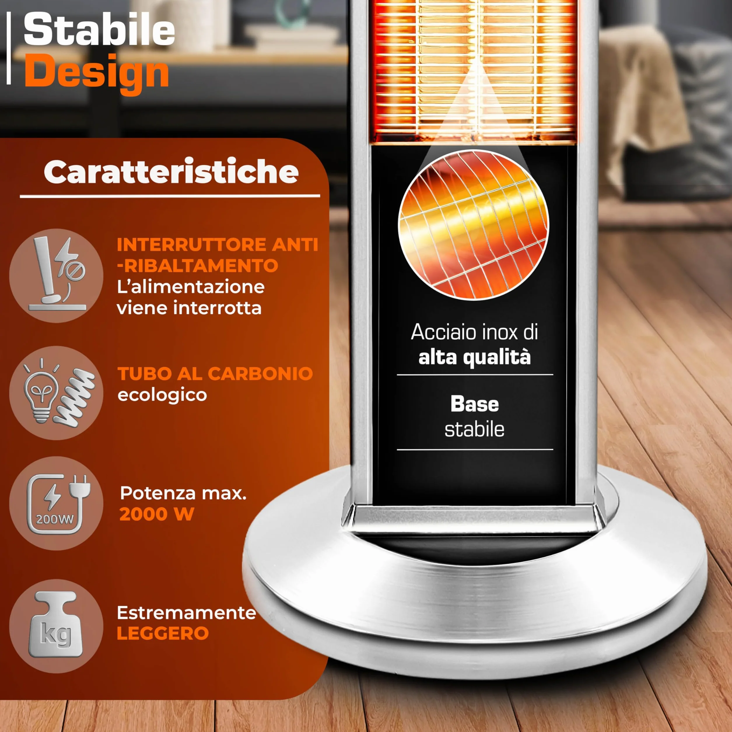 TRESKO Stufa a Infrarossi 2000W Torre Telecomando 3 Livelli Calore Riscaldatore Elettrico da Terrazzo