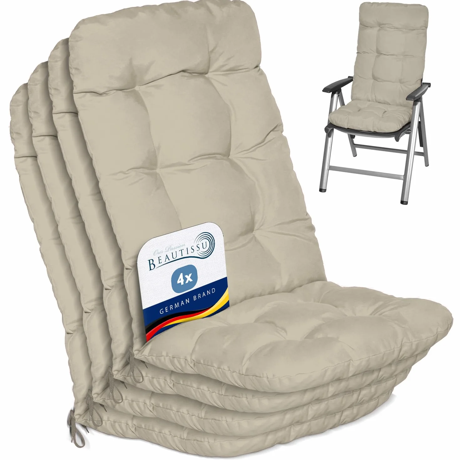 Beautissu Set di 4 Cuscini per Sedia a Sdraio Flair HL 120x50x8cm Extra Comfort per sedie reclinabili, spiaggine e poltrone - Beige