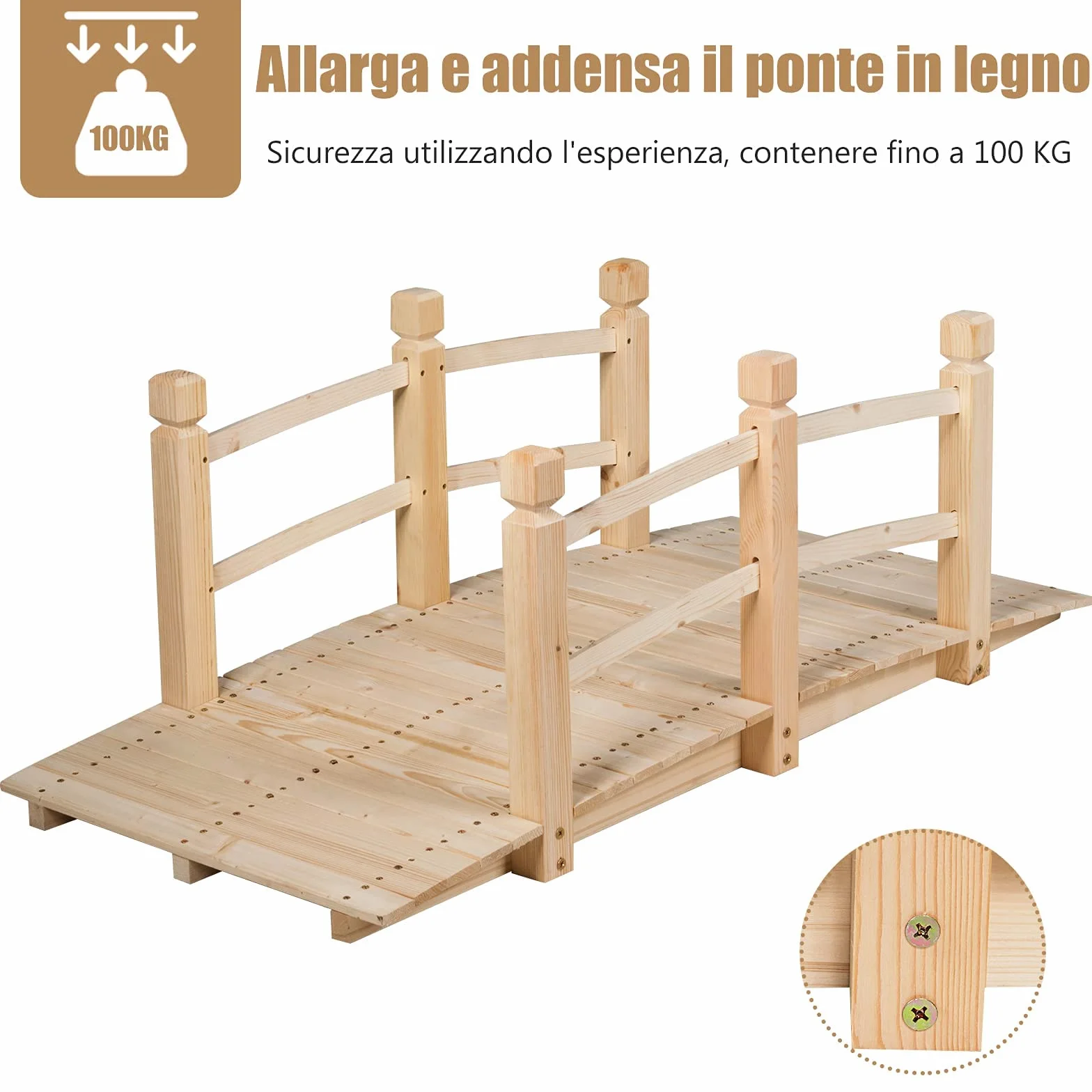 GYMAX Ponte da Giardino in Legno Lungo 150cm，Ponte Paesaggio Antico, Decorazione per Esterno (Naturale)