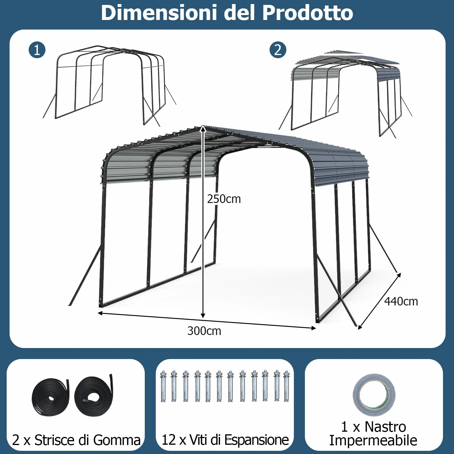 COSTWAY Tenda da Garage 440 x 300 cm, Tettoia per Auto in Metallo con Base Rinforzata e 4 Gambe Inclinate Aiiunte, Gazebo da Esterno per SUV, Feste e Barbecue