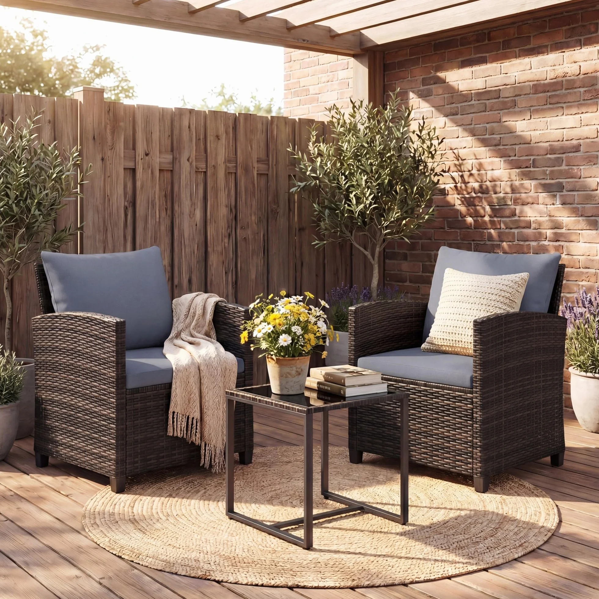 GIANTEX Set da Giardino 3 Pezzi, Salotto Esterno 2 Poltrone con Cuscini + Tavolino in Vetro, Marrone+Grigio