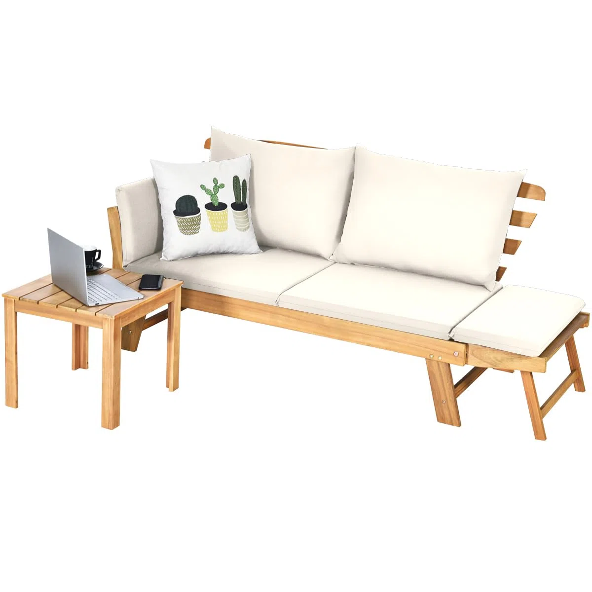 COSTWAY Divano Esterno a 2 Posti, in Legno di Acacia, Lettino Giardino con Braccioli Regolabili, Sdraio da Giardino con Cuscini, Chaise Longue per Giardino, Piscina, Cortile (Bianco)