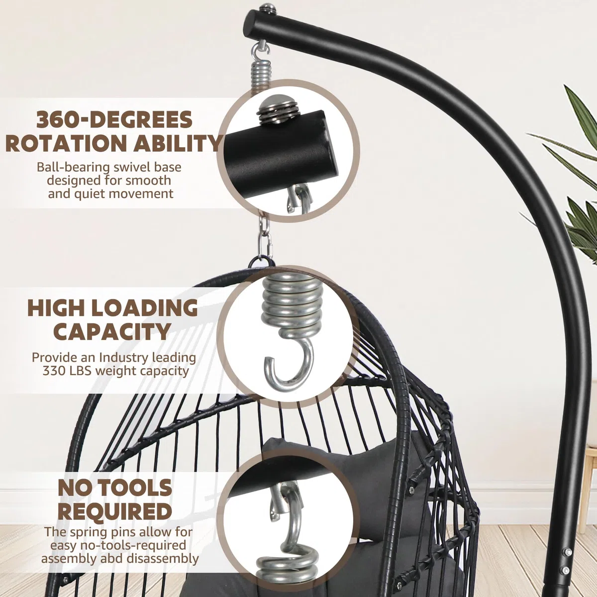 Sedia a uovo con supporto ultra robusto e cuscino Sedia sospesa Sedia a dondolo in vimini Rattan Sedia a sdraio per interni ed esterni Capacità 150 kg Balcone Portico Camera da letto Giardino