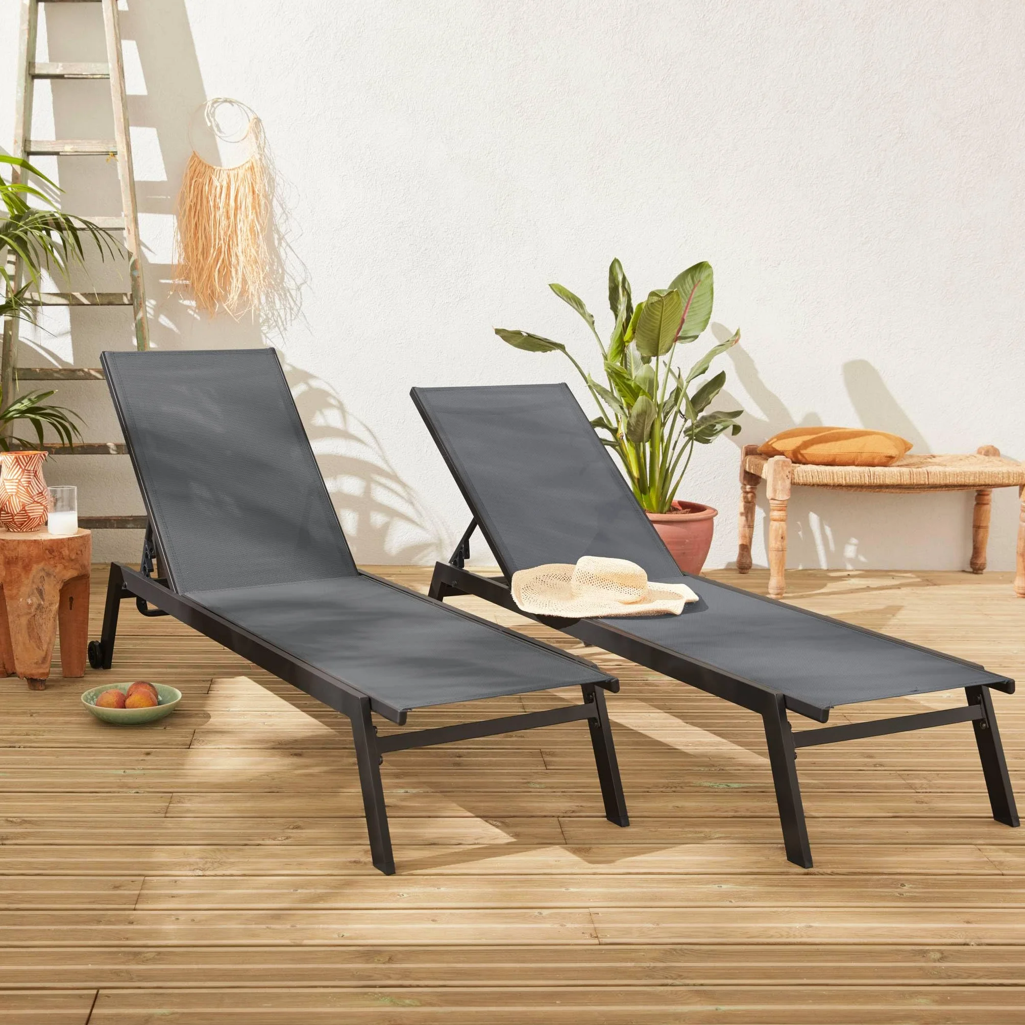 Lettini prendisole in alluminio e textilene multiposizione Antracite 191x55x94 cm Set 2