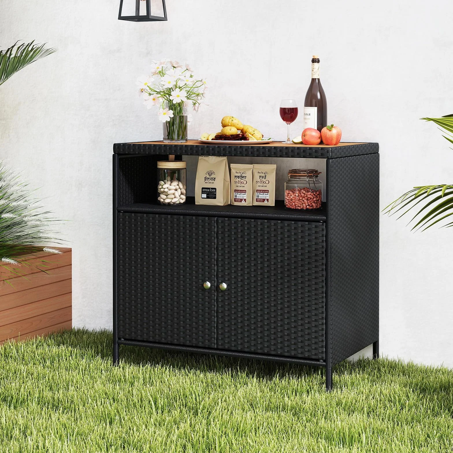 GIANTEX Armadietto da Giardino in Rattan con Piano di Lavoro e Scaffale, Ideale per Esterni, Giardino, Balcone e Piscina, 90 x 53 x 66 cm