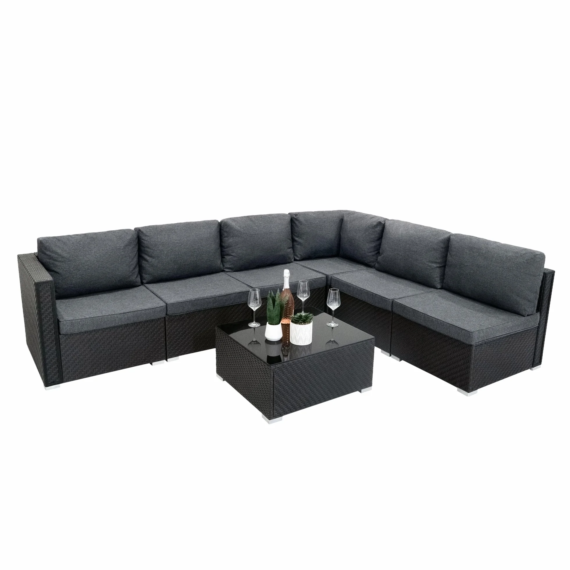 Monster Shop Set Mobili da Giardino 7 Pezzi in Rattan Nero – Divano Modulare 5 Posti con Cuscini Lavabili, Tavolino in Vetro, Copertura Impermeabile, per Esterno, Terrazzo e Veranda