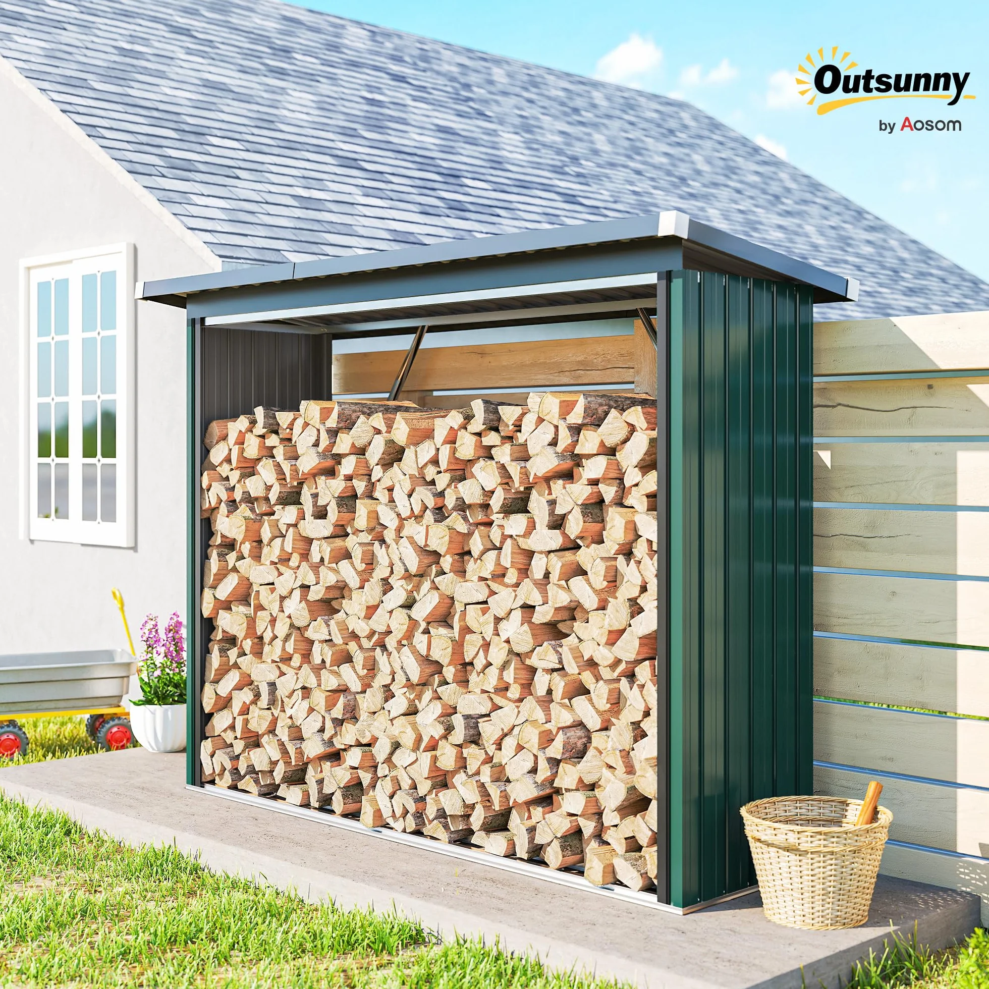 Outsunny Albero Coperto Acciaio Zincato Supporto Legna Riscaldamento 213 x 66,5 x 150 cm Verde