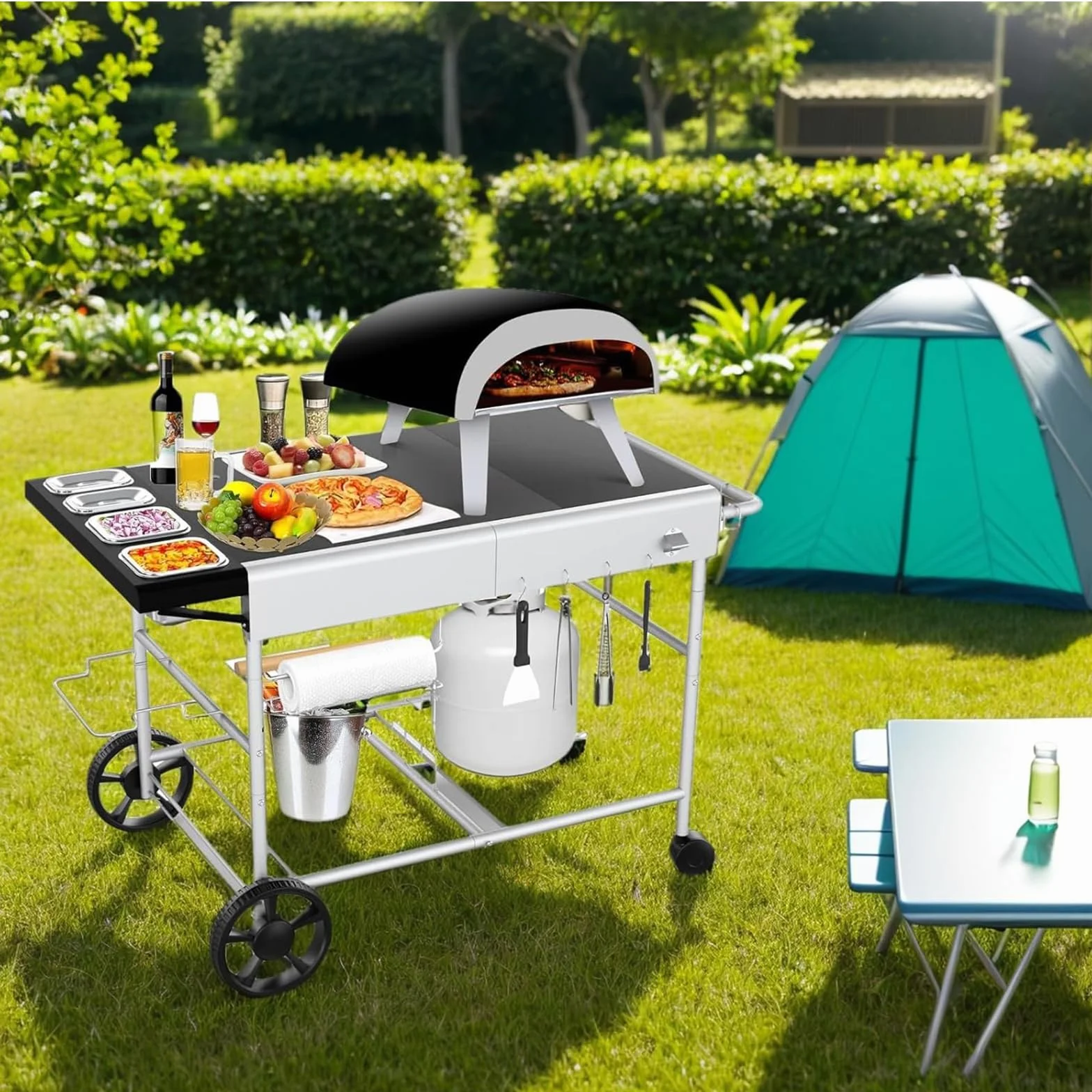 GFTIME Carrello tavolo per forno pizza 128x64 cm per Ooni Koda/Karu/Fyra 16 & 12, Ninja Woodfire, Blackstone