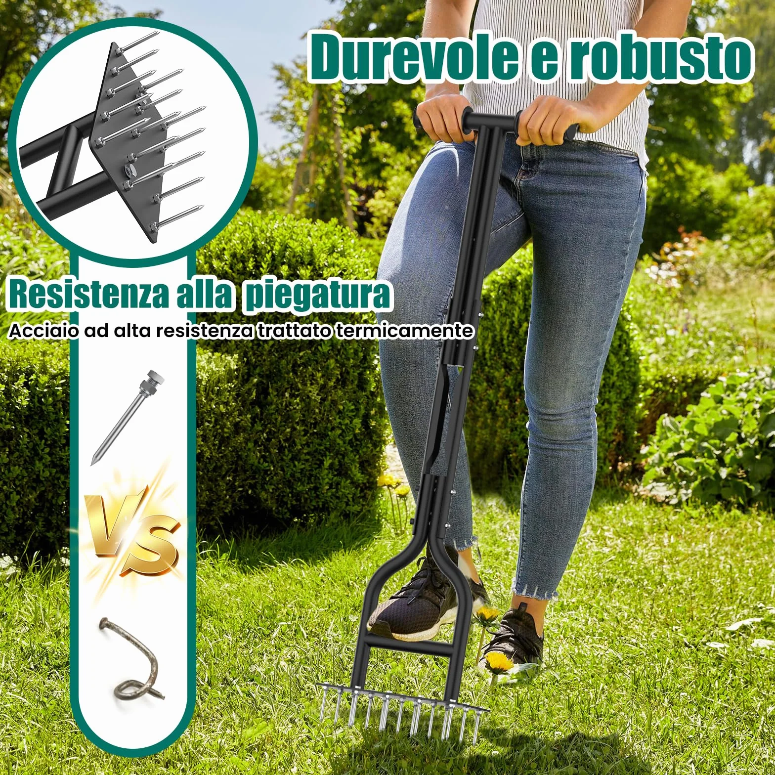 HYCHIKA Arieggiatore per Prato Manuale, 15 Pezzi di Punte in Acciaio Massiccio, Scarificatore per Prato, Aeratore per Prato Giardino