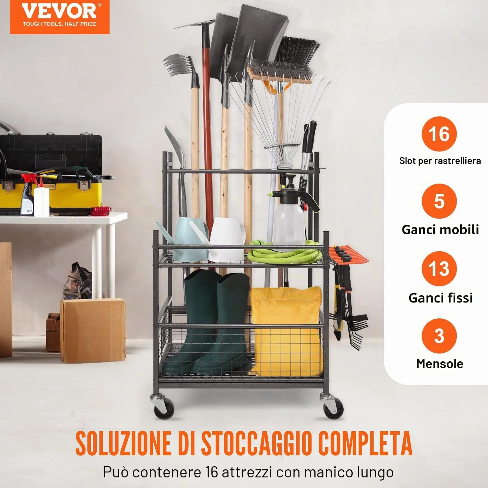 VEVOR Porta Attrezzi da Giardino 16 Slot Ganci, Organizzazione Stoccaggio in Metallo PP con Ruote per Garage Officina