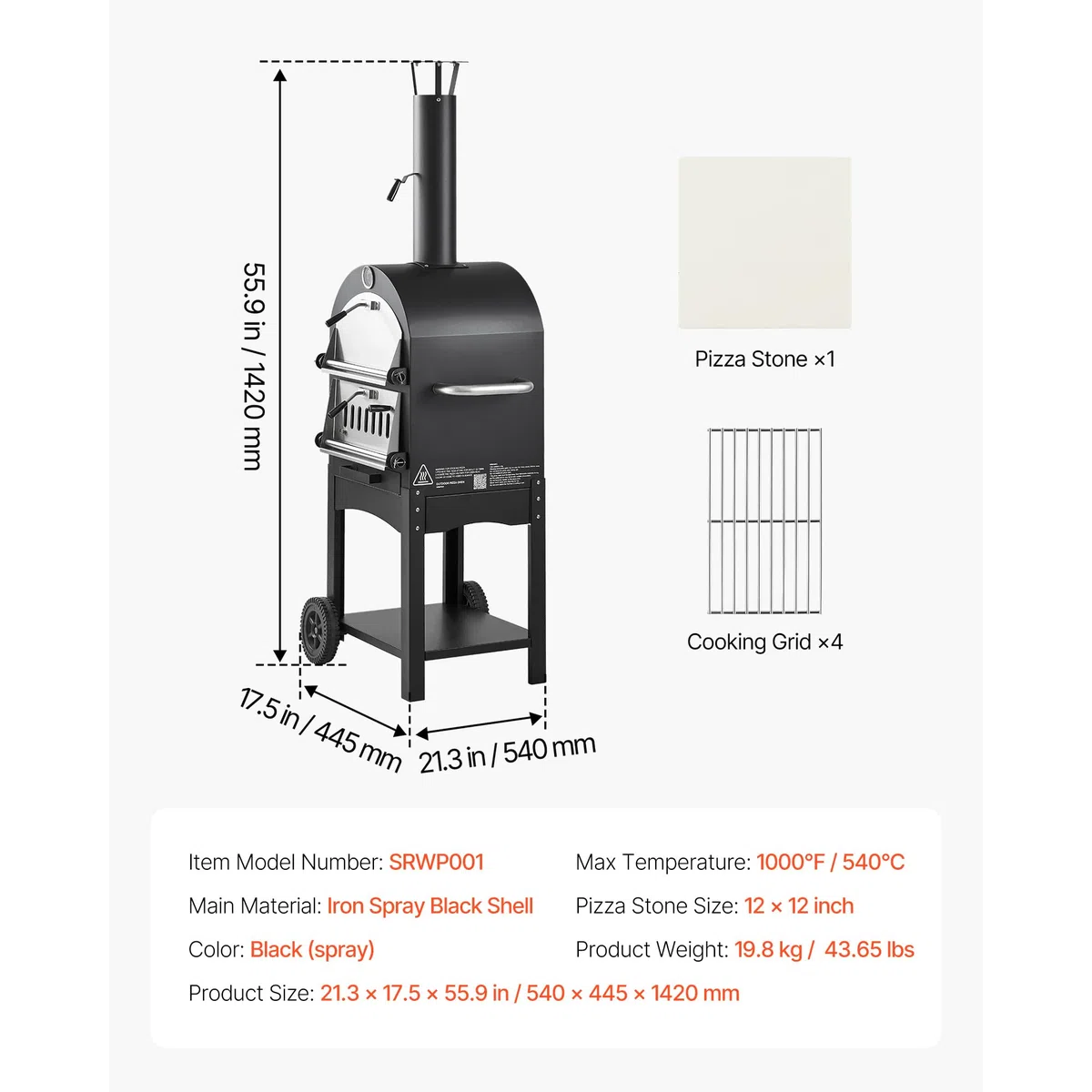 VEVOR Forno per Pizza da Esterno Portatile 12 pollici a Pellet max. 540°C con 2 Ruote Rimovibili