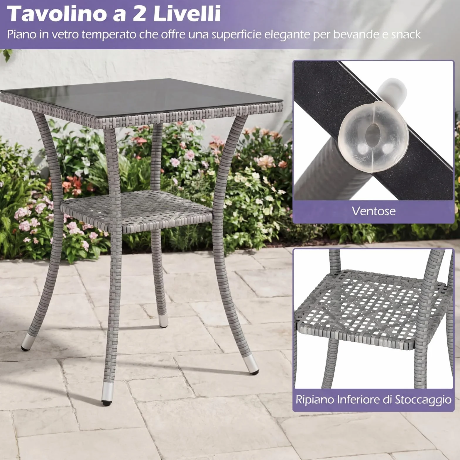 LIFEZEAL Salotto da Giardino in Rattan PE, Set 2 Divanetti con Cuscini Rimovibili e Tavolino in Vetro Temprato