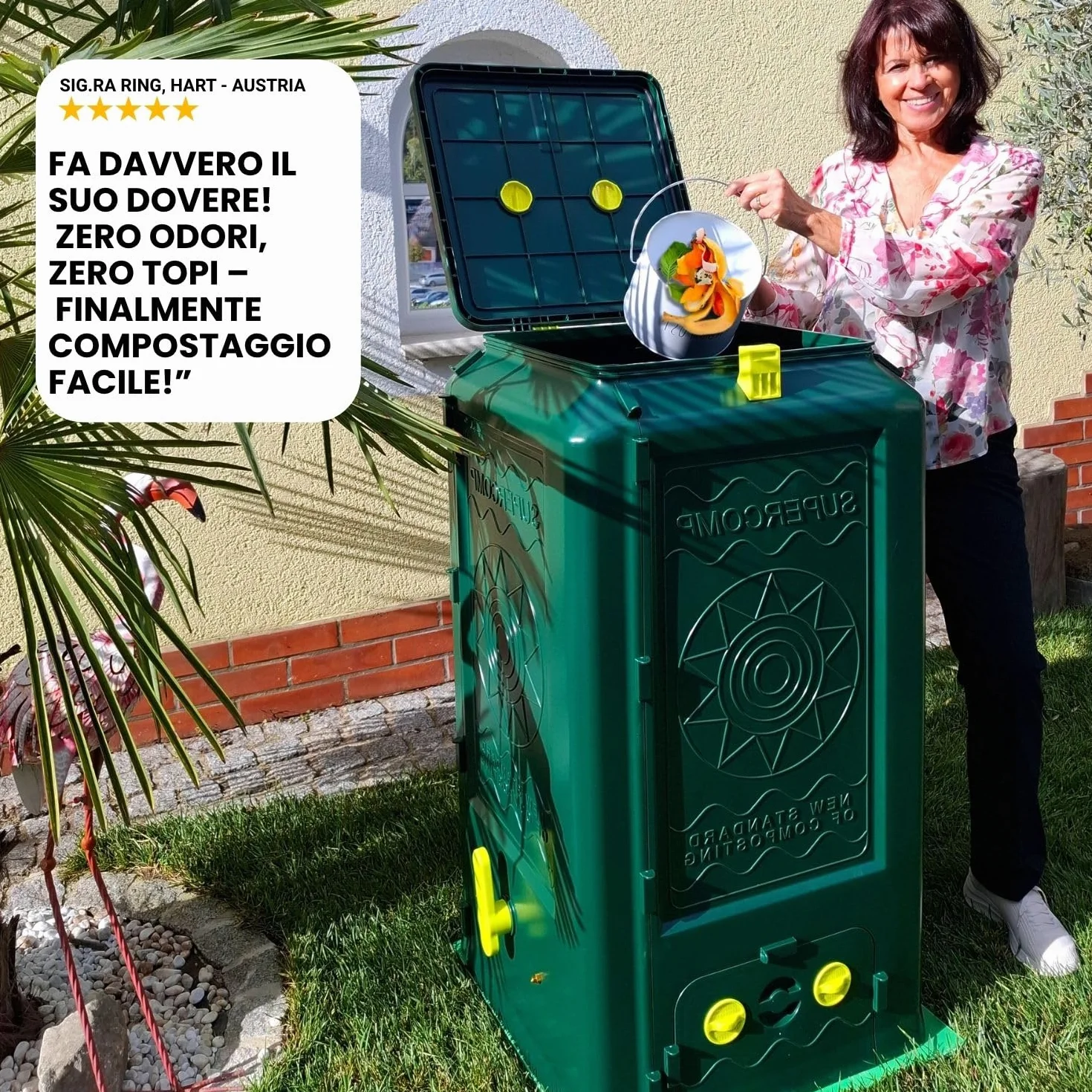 Compostiera 350Lt, Protezione Totale Anti-Roditori e Topi, Senza Cattivi Odori e rivoltamento compost, Aerazione Verticale, Resistente ai Raggi UV e al Gelo, Piano Base Incl.