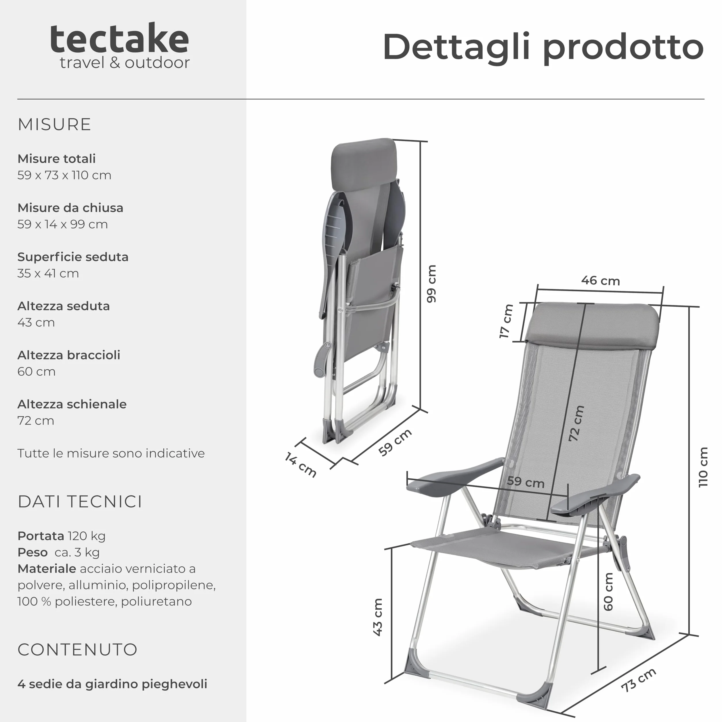 Tectake Set 4 Sedie da Giardino Pieghevoli con Braccioli, Rete Ventilazione, Schienale Regolabile 5 Posizioni, Grigio