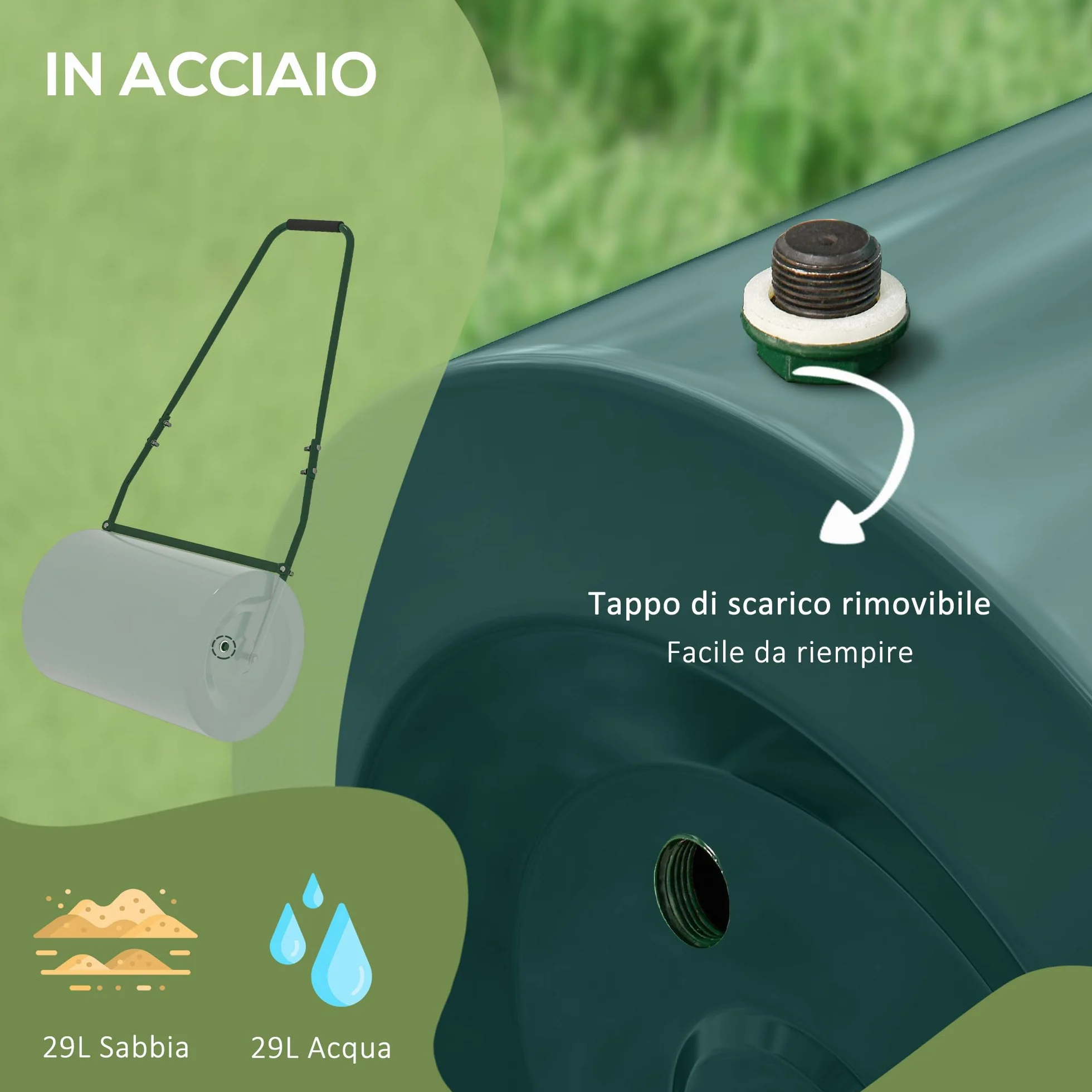 Outsunny Rullo per Prato da 30L di capacità con Maniglia Imbottita, Rullo Giardino in Acciaio Riempibile con Acqua/Sabbia, 102x50x30 cm, Verde Scuro