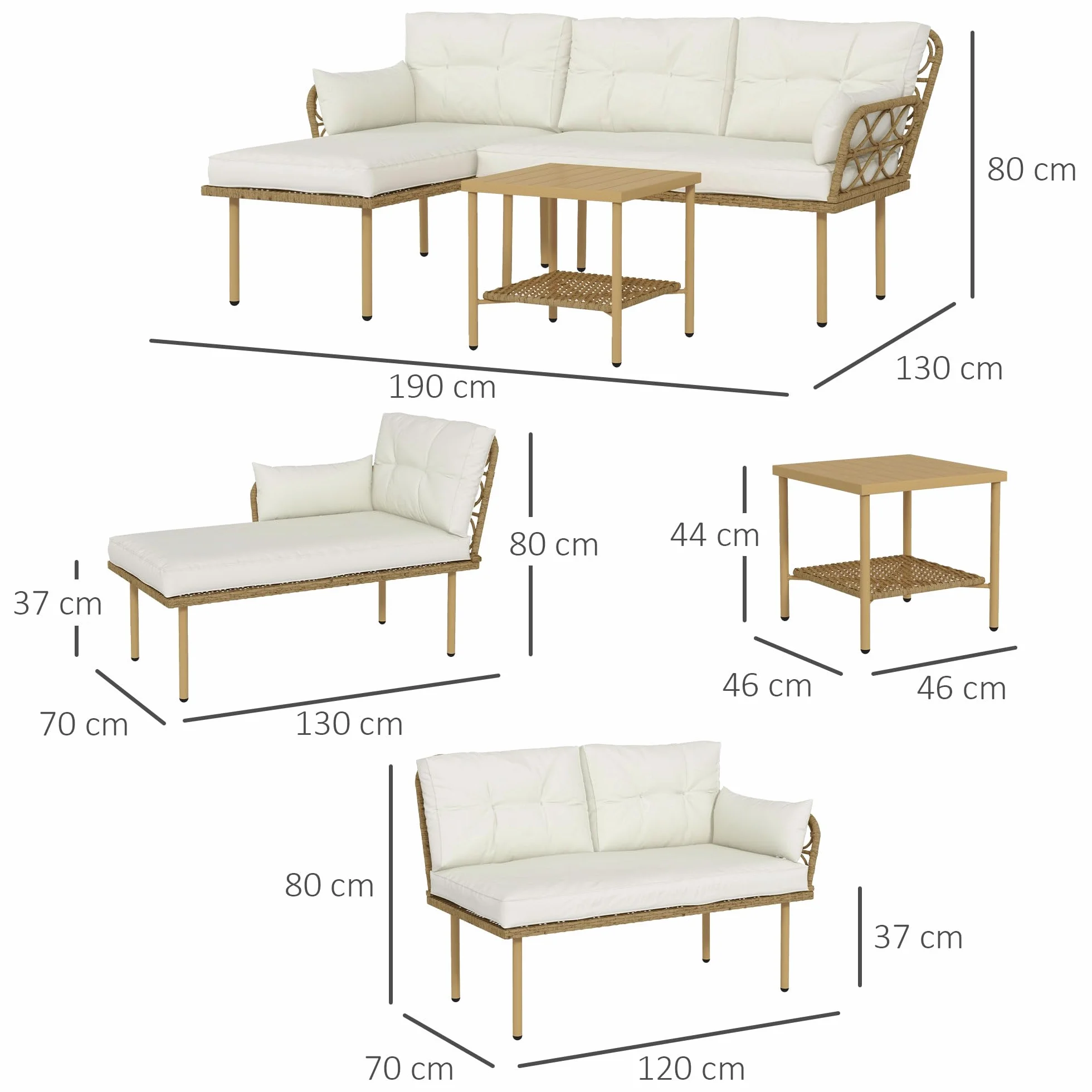 Outsunny Set Giardino Rattan 3 Pezzi Salotto Esterno Divanetto 2 Posti Chaise Longue Cuscini Lavabili Tavolino Caffè Crema