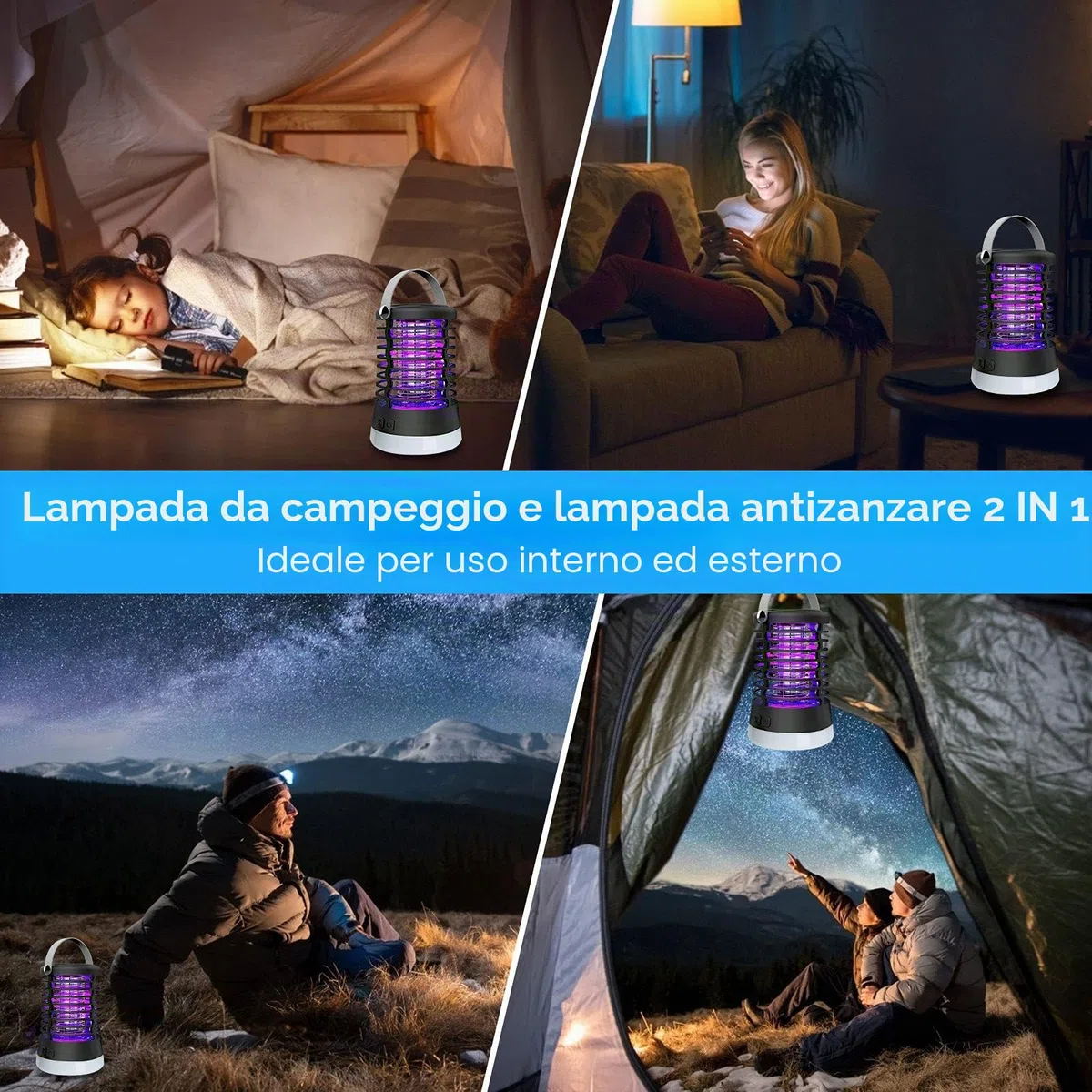 Lampada Antizanzare Elettrica per il Campeggio, 3 in 1 USB Zanzariera Elettrica IP66 Impermeabile Trappola per Zanzare Ricaricabile, 3 Modalità di Uccisione Degli Insetti Mosca Interni