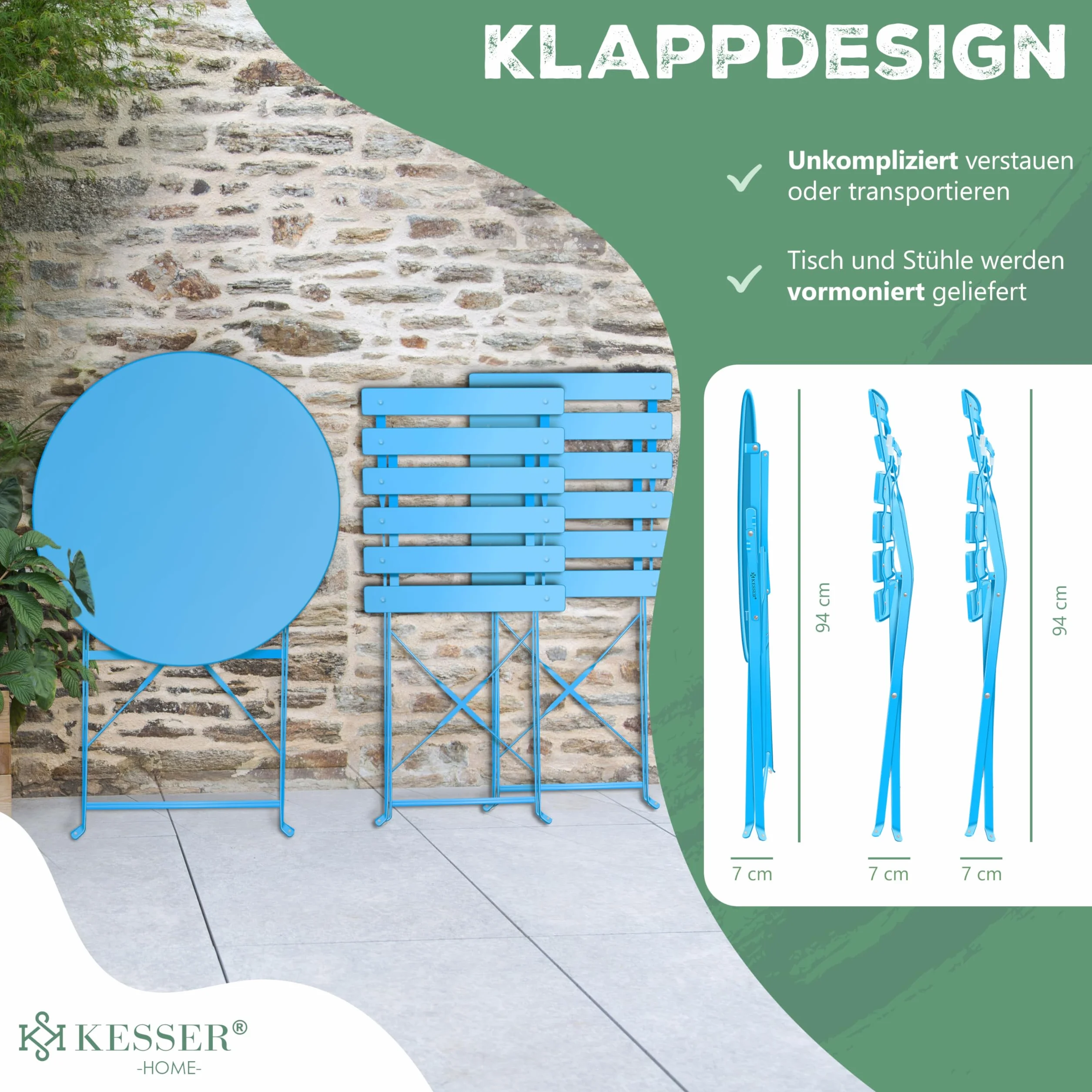 KESSER® Set da bistrot 3 pezzi con 2 sedie pieghevoli, tavolo in metallo, copertura