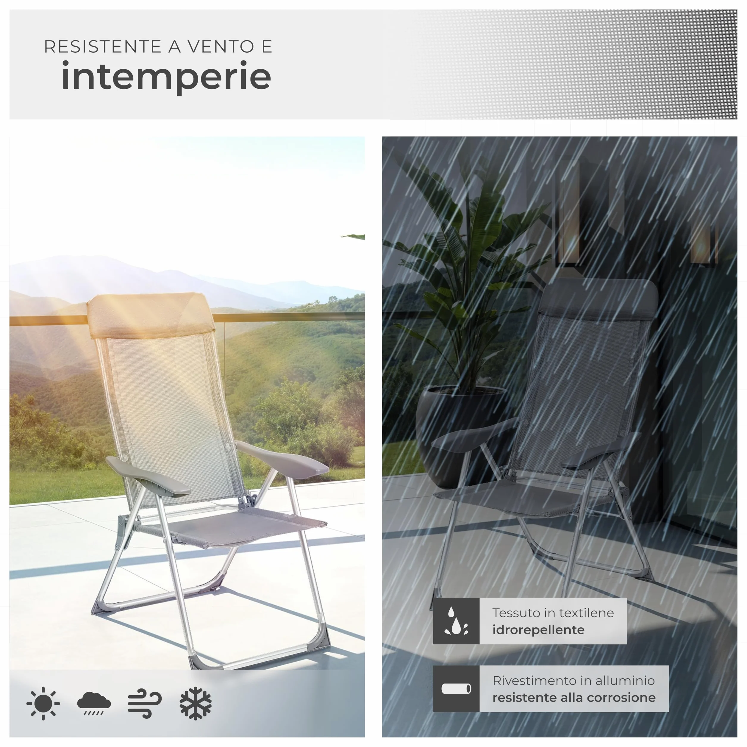 Tectake Set 4 Sedie da Giardino Pieghevoli con Braccioli, Rete Ventilazione, Schienale Regolabile 5 Posizioni, Grigio