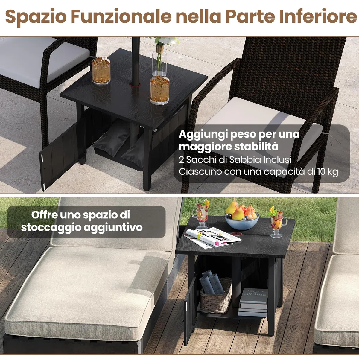 RELAX4LIFE 2 in 1 Tavolino Laterale in Metallo con Foro per Ombrellone 5cm Manopole Regolabili Tavolo da Giardino 80KG 55,5x55,5x48cm