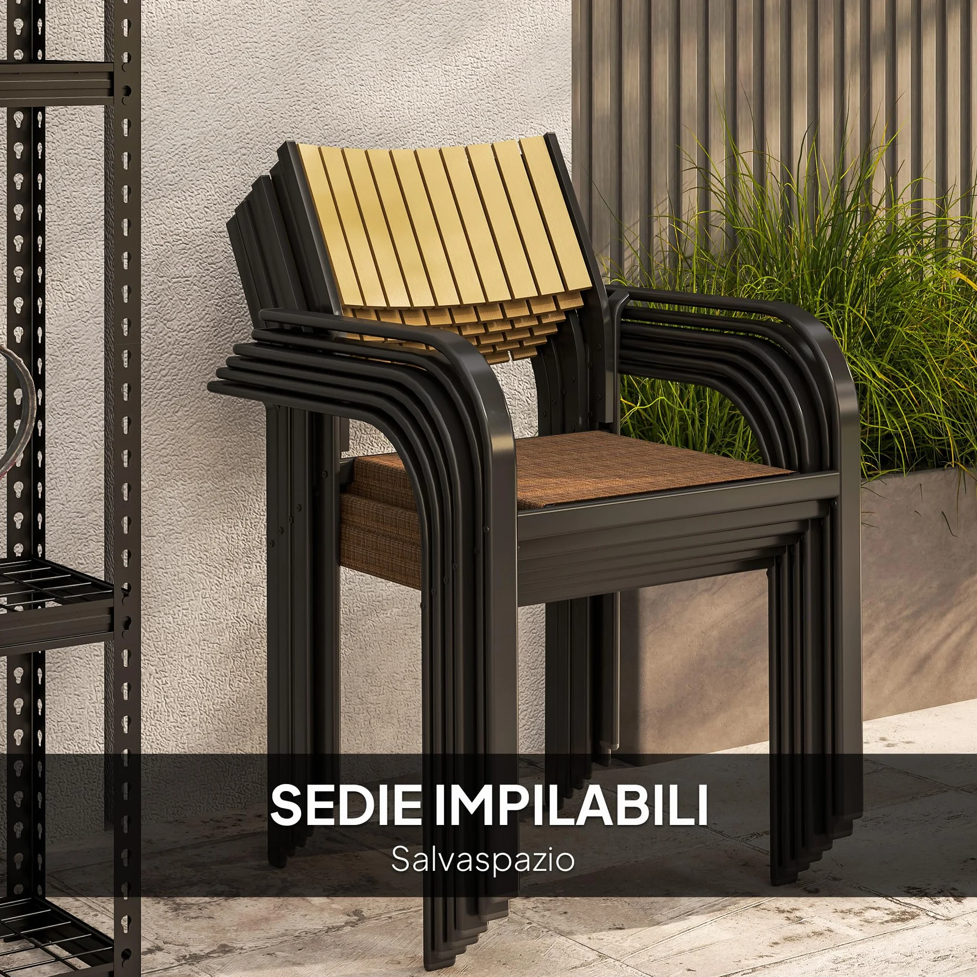 Outsunny Set Tavolo da Giardino Allungabile 7 Pezzi con Sedie Impilabili, Acciaio e Textilene, Marrone